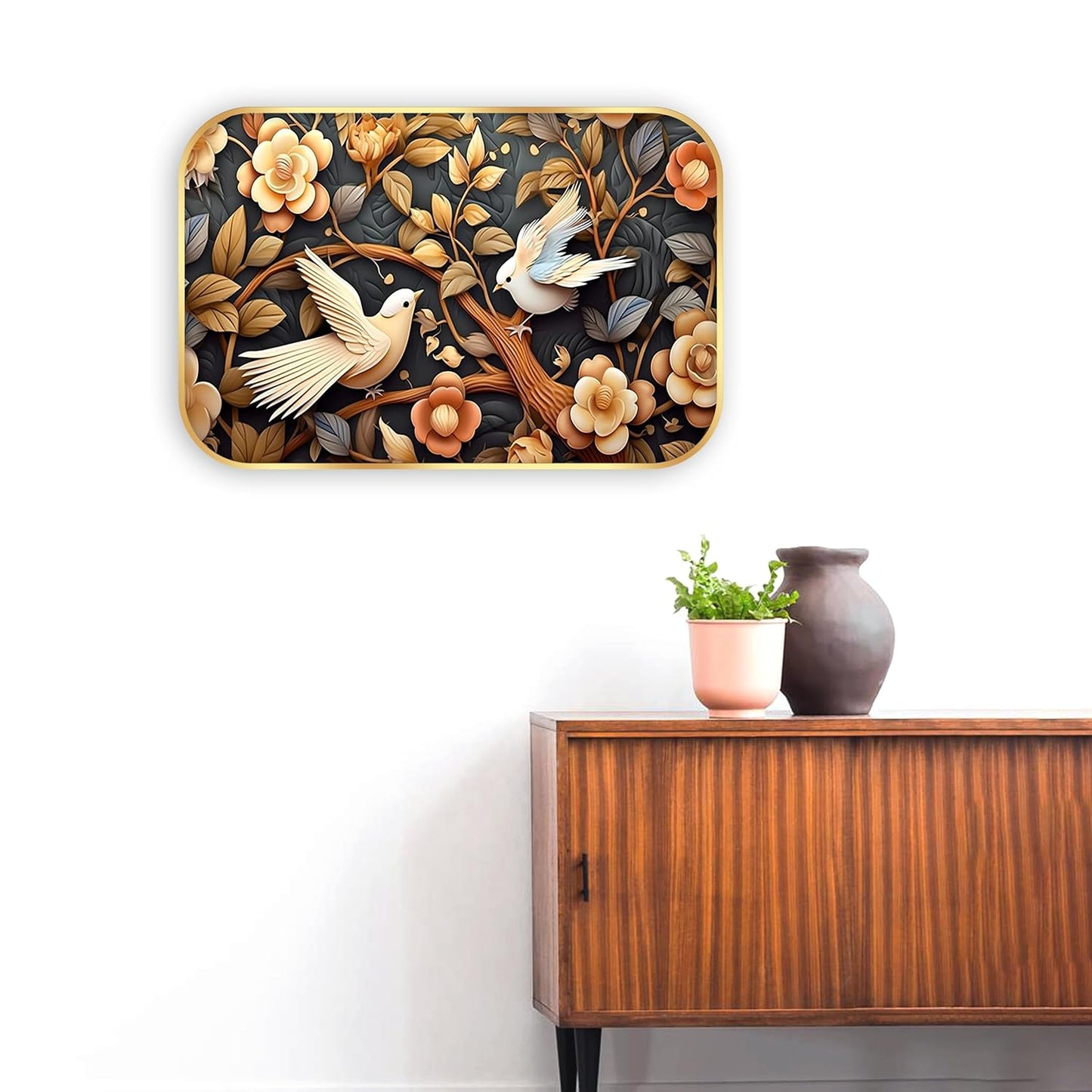 Indianara Birds and Flowers Digital Wall Art, Golden Frame with Premium Lamination, 45 x 30 cm, Black and Gold
