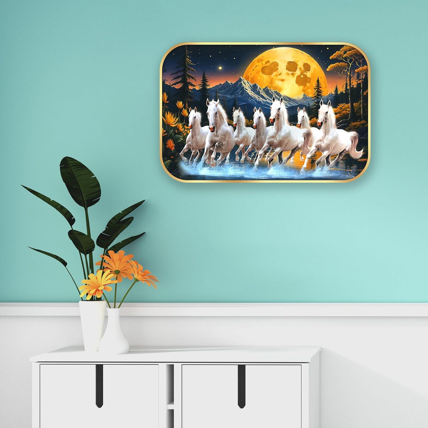 Indianara Seven Running White Horses Wall Art, Gold Frame, picturesque Scene, 45 x 30 cm (10909)