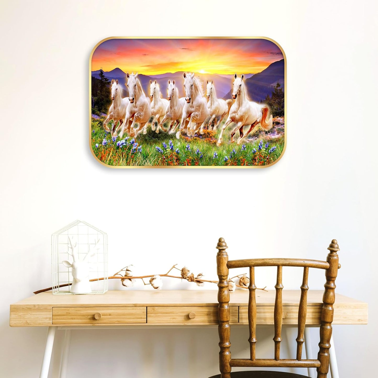 Indianara Seven Running White Horses Wall Art, Gold Frame, Night Scene with Purple Flowers, 45 x 30 cm (10931)