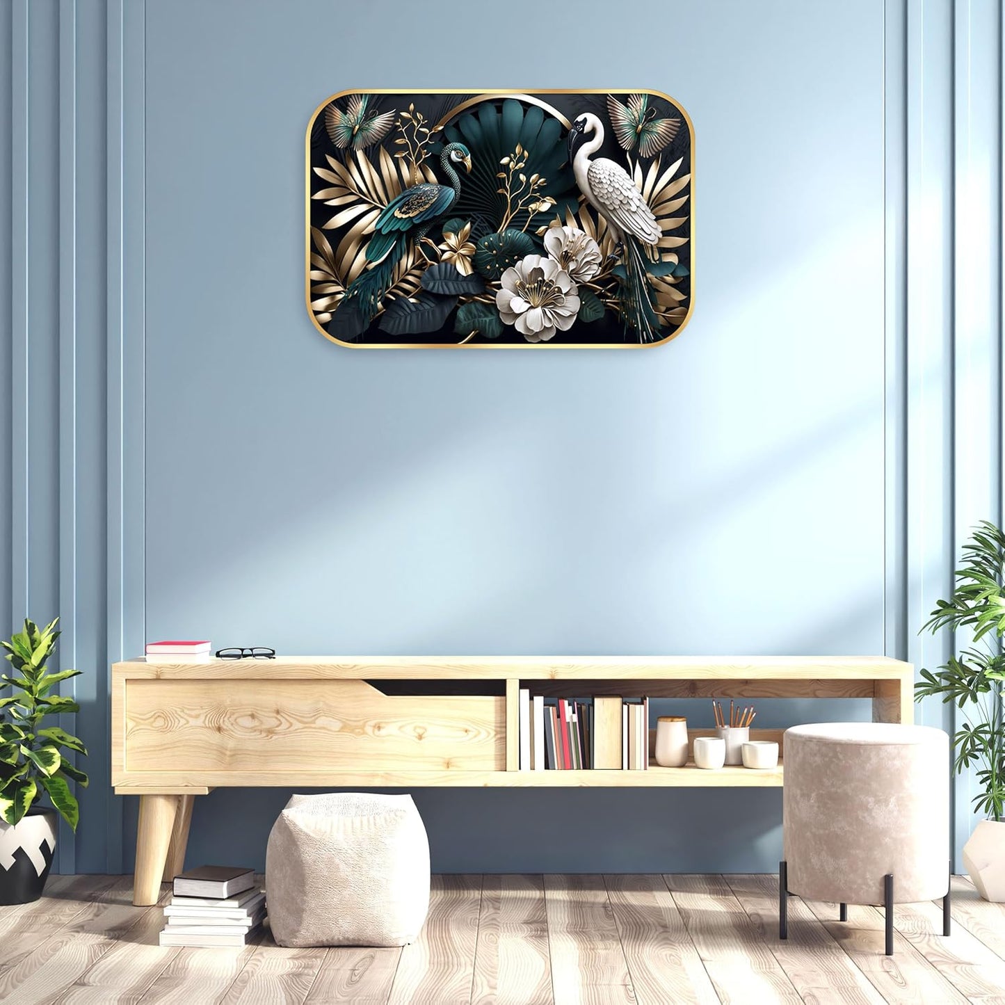 Indianara Luxury Wall Art, Peacock and Crane with Golden Foliage, Digital Print with Gold Frame, 45 x 30 cm, Black