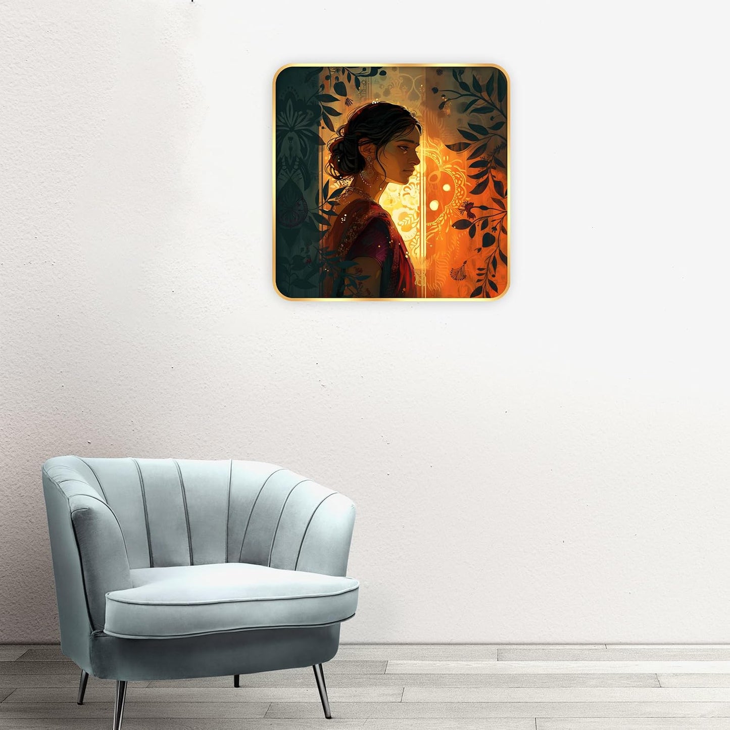 Indianara Beautiful Indian Woman Art Print with Golden Frame, Traditional Portrait, 40 cm x 40 cm, Premium Sparkle Lamination