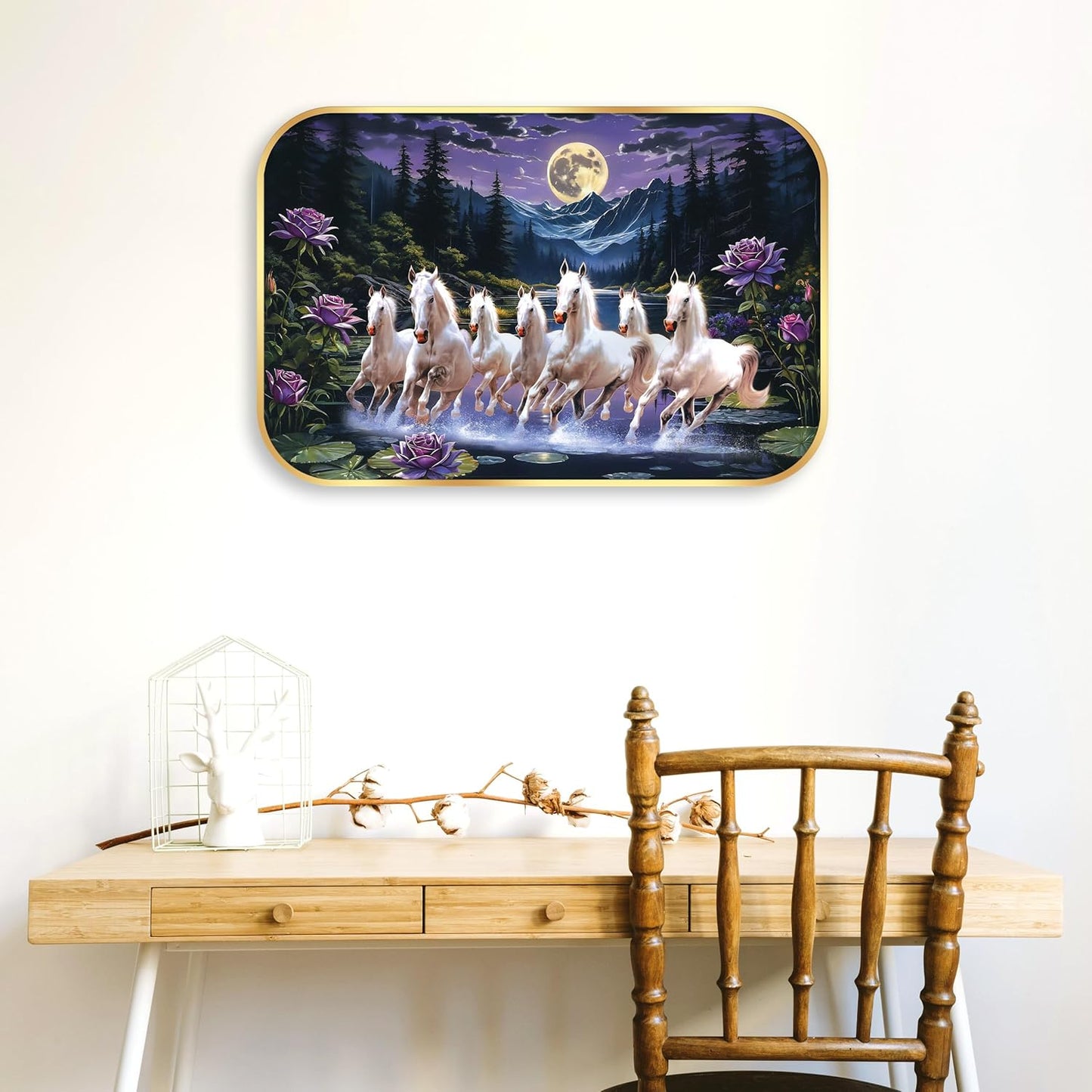 Indianara Seven Running White Horses Wall Art, Gold Frame, picturesque Scene, 45 x 30 cm