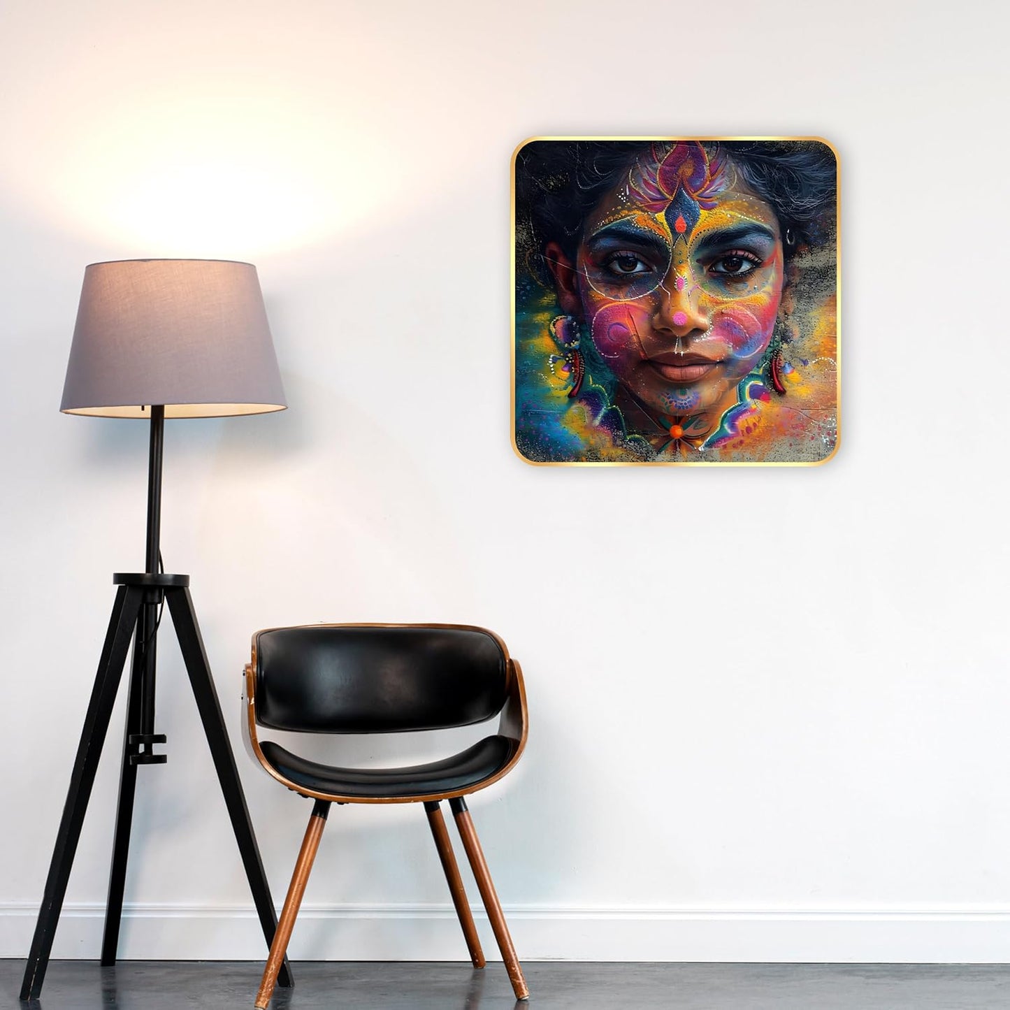 Indianara Beautiful Indian Woman Art Print with Golden Frame, Traditional Portrait, 40 cm x 40 cm, Premium Sparkle Lamination (6605)