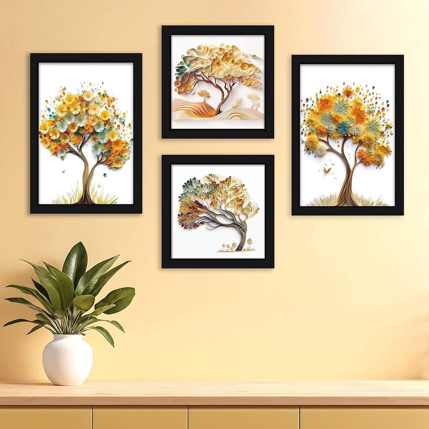 Indianara Abstract Tree Framed Gallery Wall Art, Set of 4 for Living Room | Wall Decor | Bedroom | Office | Hotel
