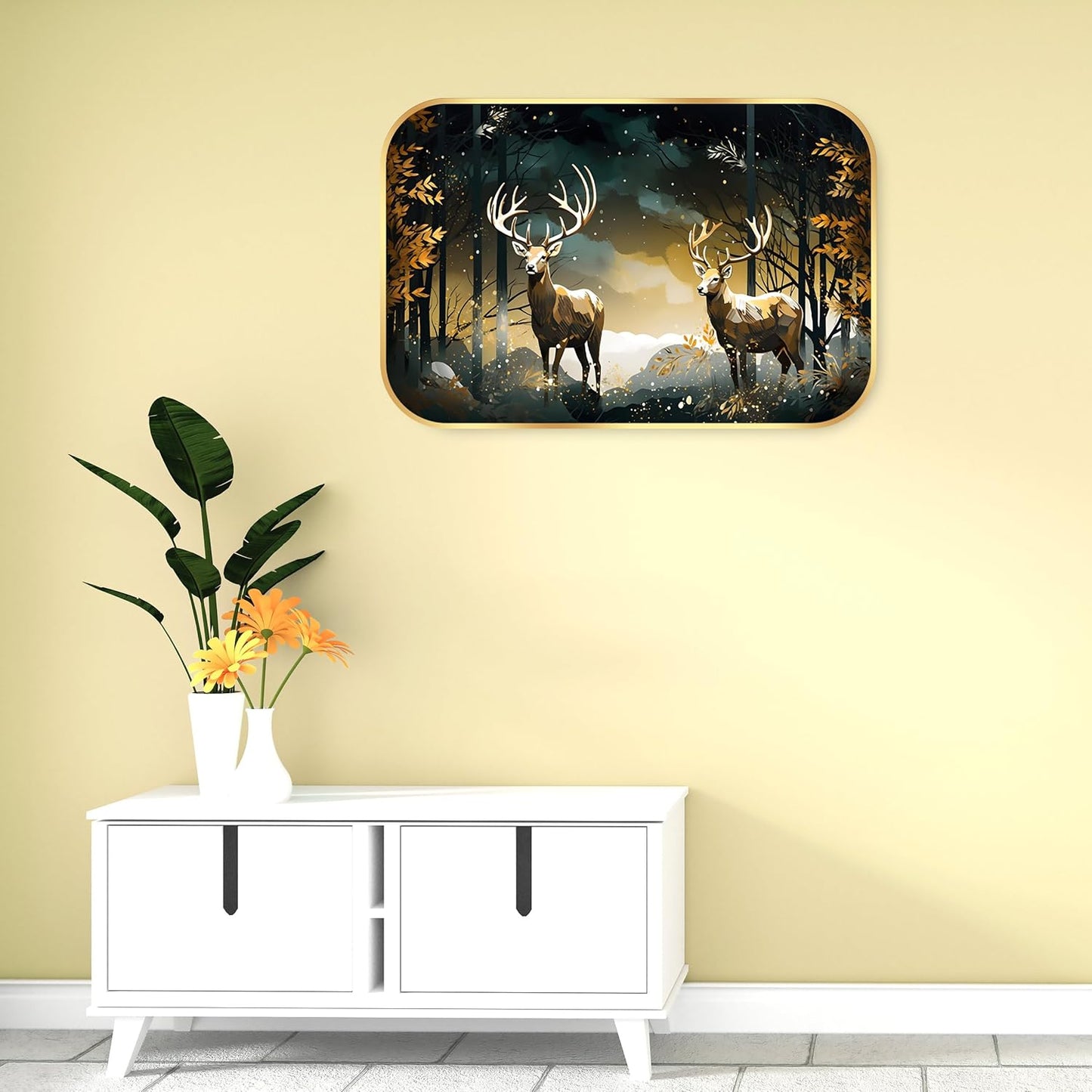 Indianara Whitetail Deer Forest Scene Wall Art, Golden Frame, Digital Print with Matte Finish, 45 x 30 cm