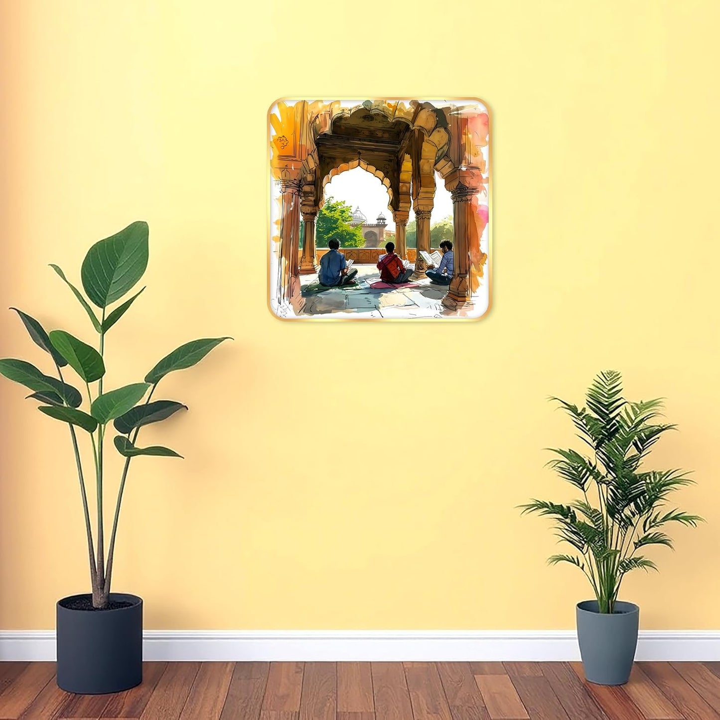Indianara Traditional Indian Art Wall Painting, Architectural Scene, Premium Sparkle Lamination, Golden Frame, 40 cm x 40 cm (6603)