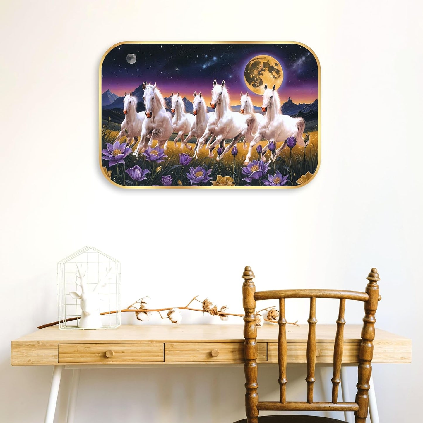 Indianara Seven Running White Horses Wall Art, Gold Frame, Night Scene with Purple Flowers, 45 x 30 cm (10911)