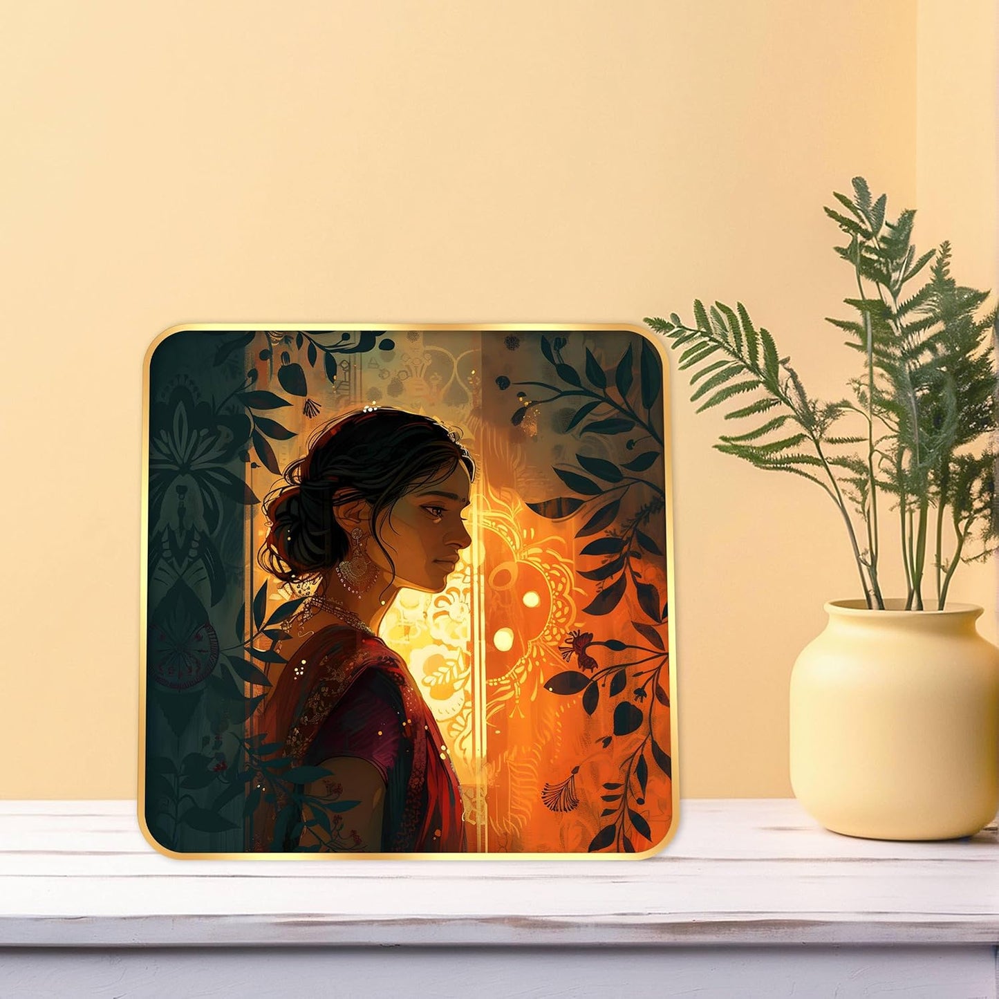 Indianara Beautiful Indian Woman Art Print with Golden Frame, Traditional Portrait, 40 cm x 40 cm, Premium Sparkle Lamination