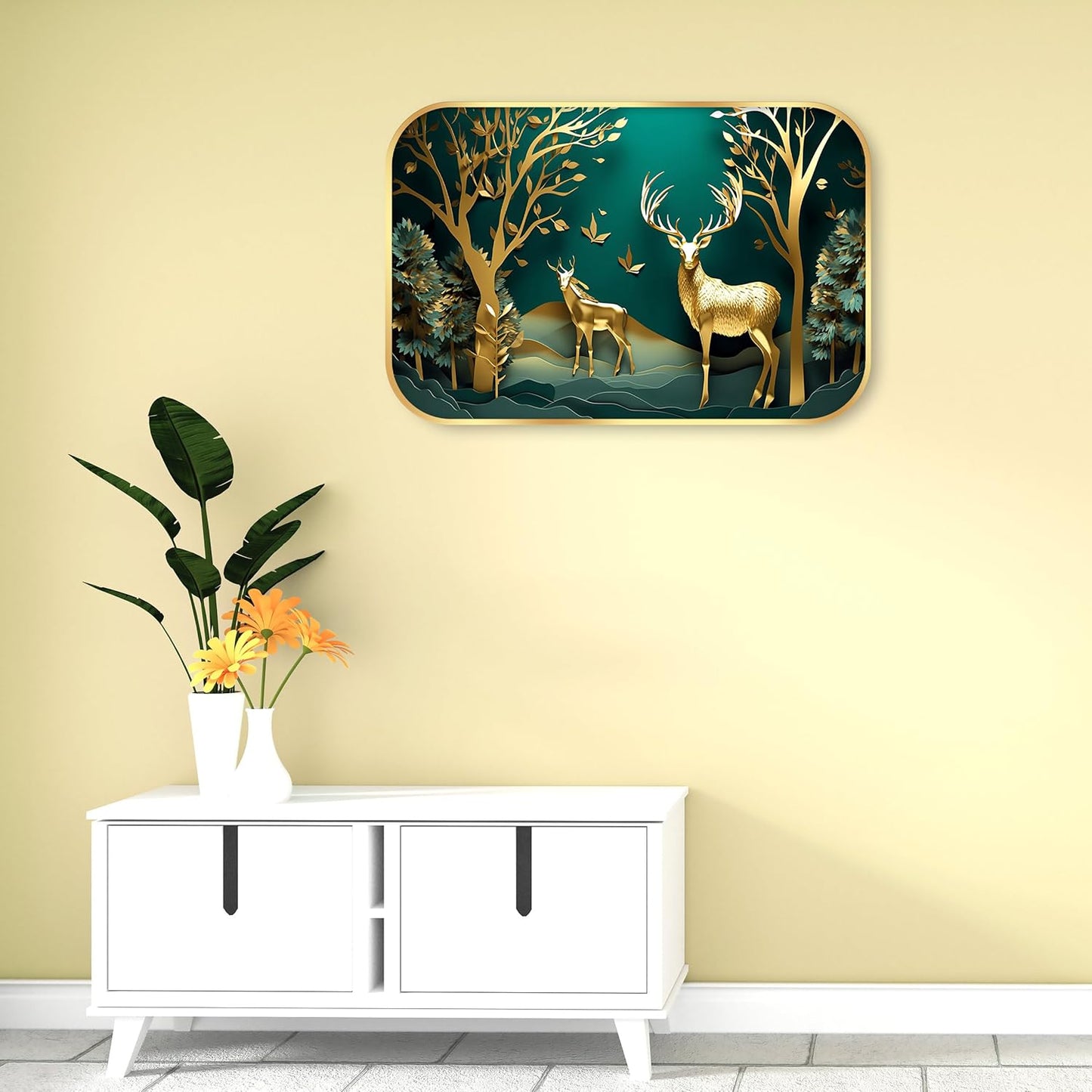 Indianara Golden Deer Forest Wall Art, Digital Print with Gold Frame, 45 x 30 cm, Emerald Green