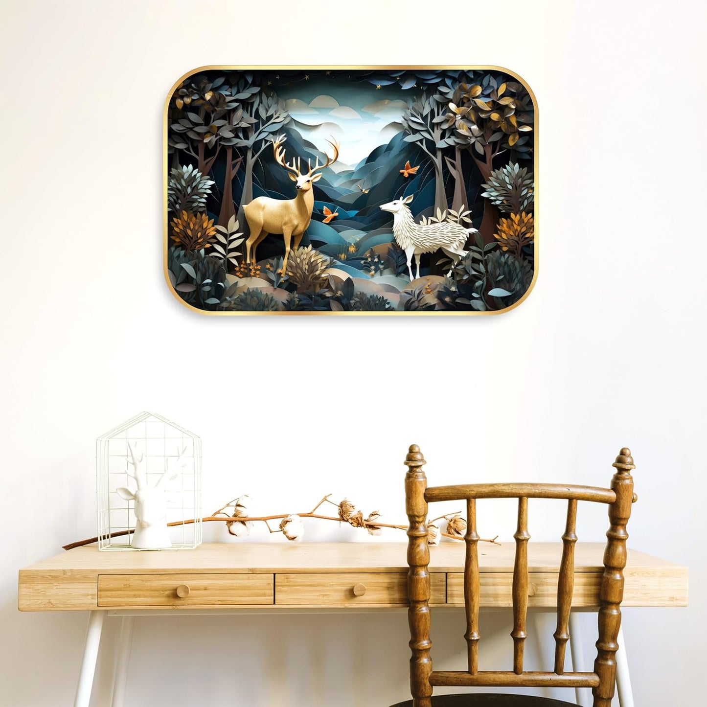 Indianara Enchanted Forest Wall Art, Gold Frame, 45 x 30 cm, Whimsical Deer Design, Indoor Decorative Print, Matte Finish
