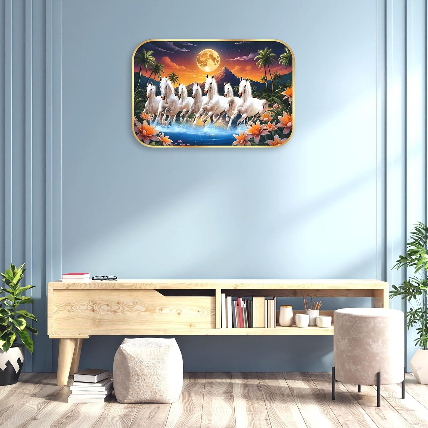 Indianara Seven Running White Horses Wall Art, Gold Frame, picturesque Scene, 45 x 30 cm (10907)
