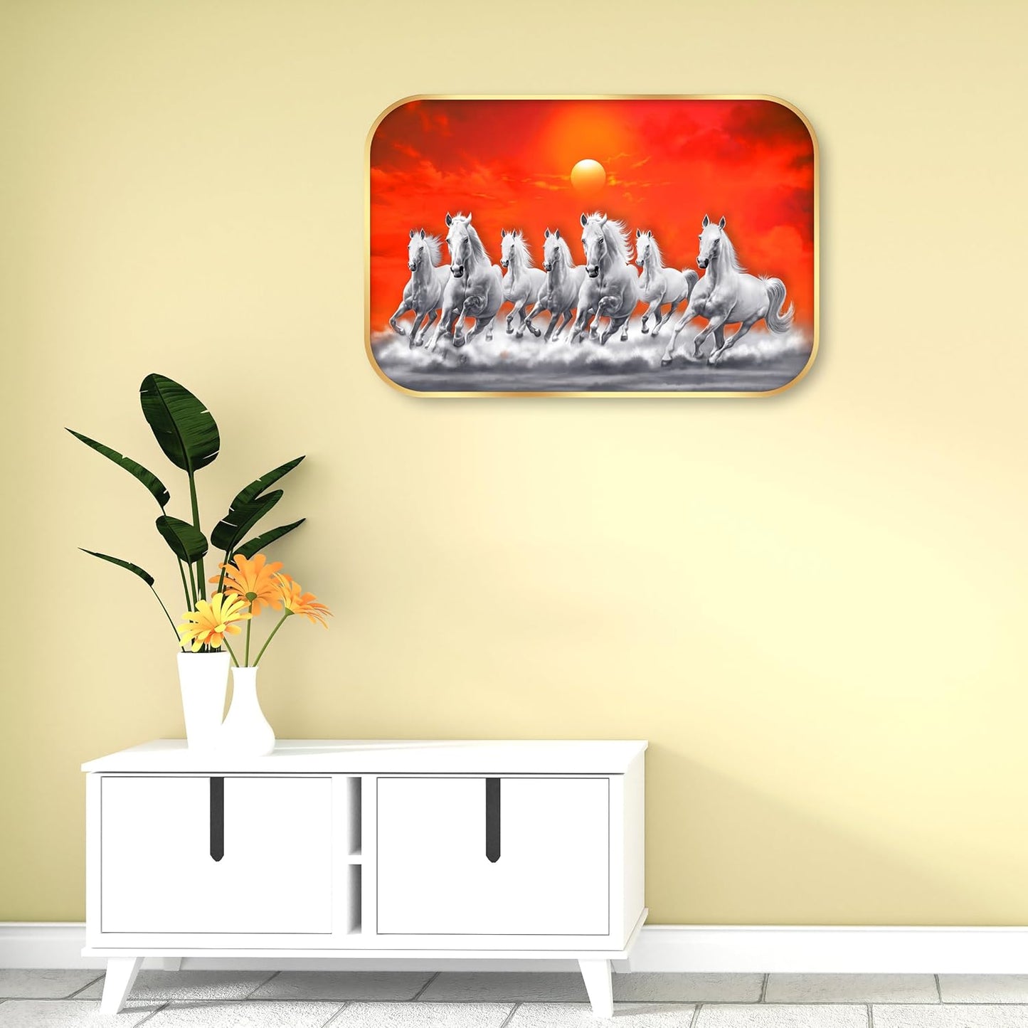 Indianara Seven Running White Horses Wall Art, Gold Frame, Night Scene with Purple Flowers, 45 x 30 cm (10929)