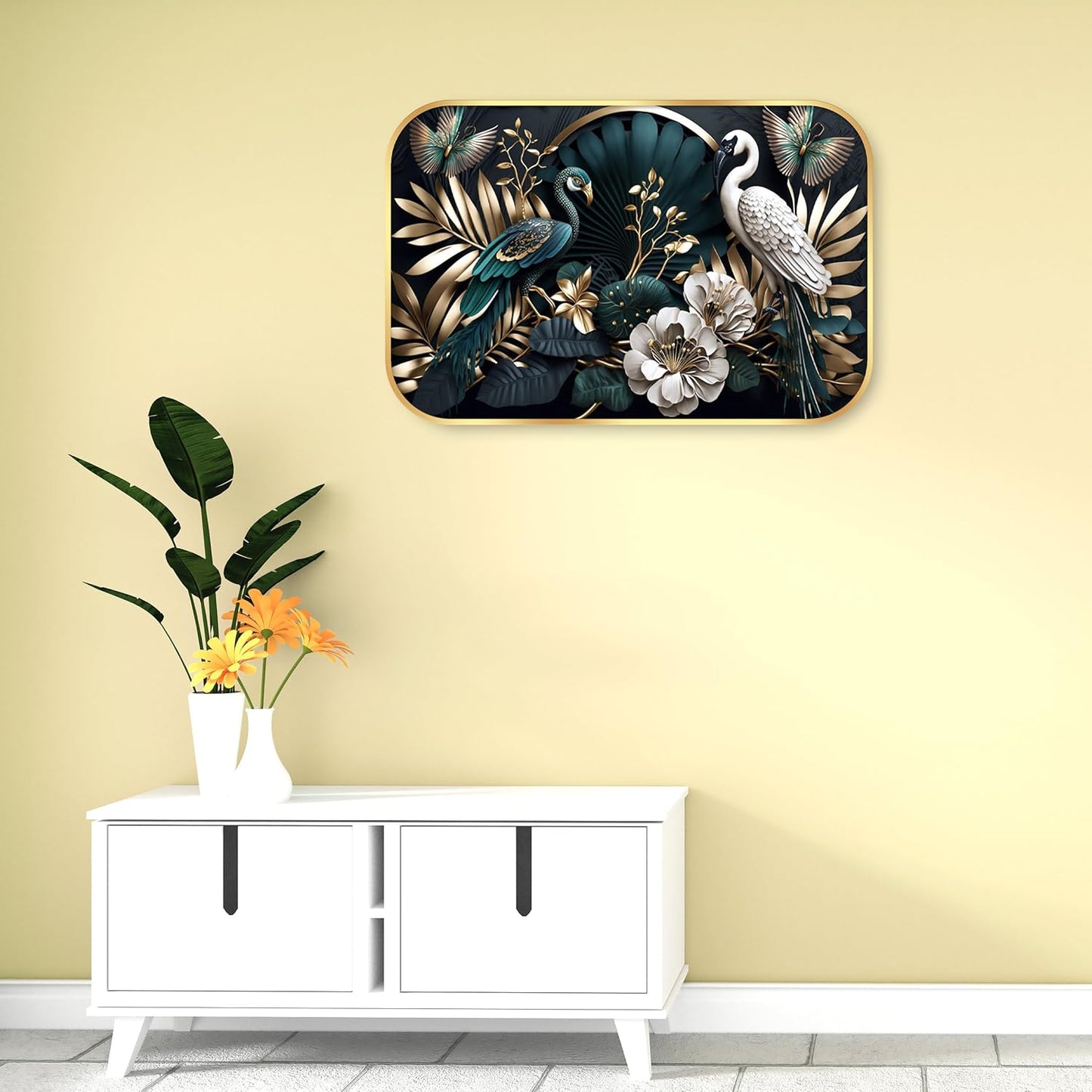 Indianara Luxury Wall Art, Peacock and Crane with Golden Foliage, Digital Print with Gold Frame, 45 x 30 cm, Black