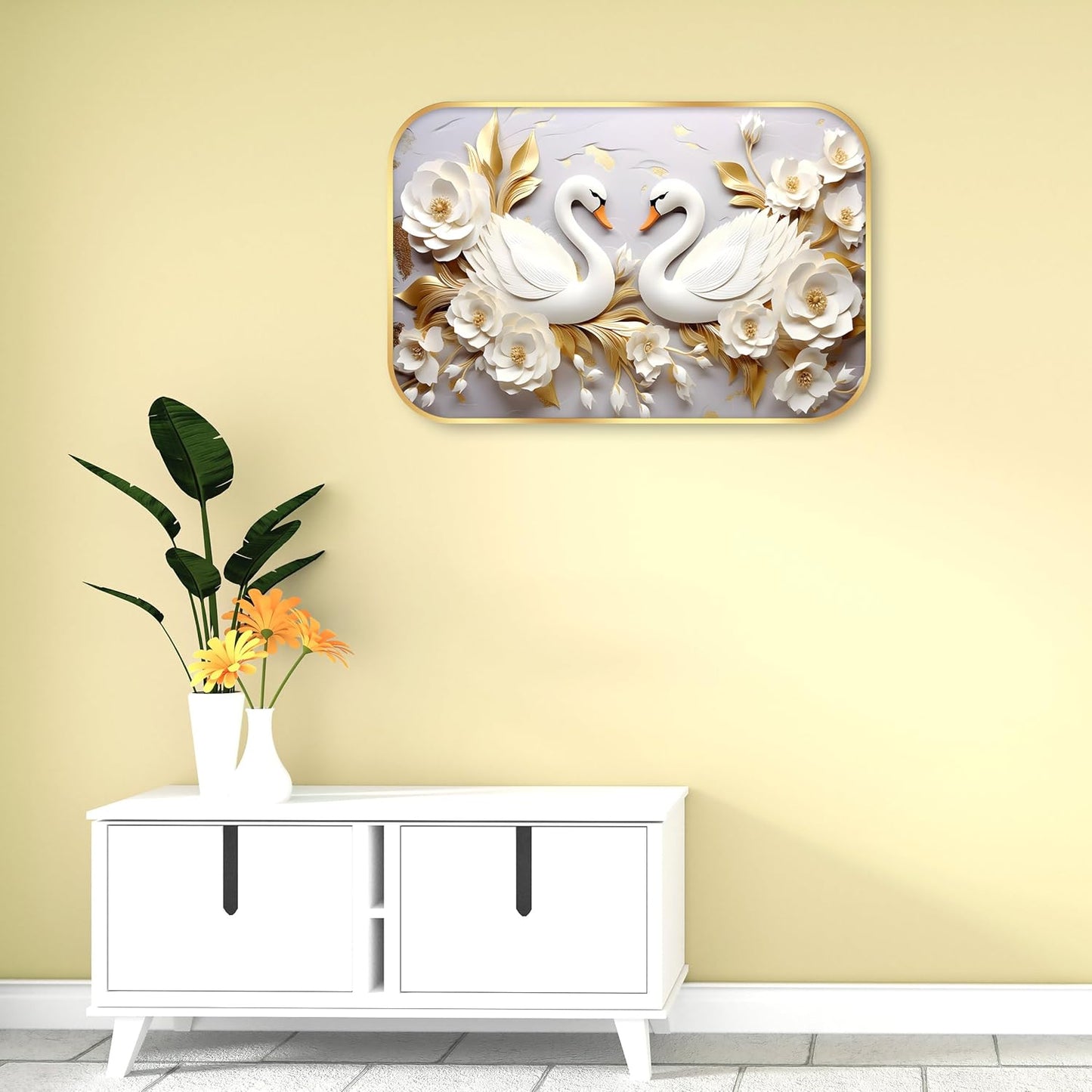 Indianara White Swan Wall Art with Gold Roses, Digital Print, Gold Frame, 45 x 30 cm, Landscape