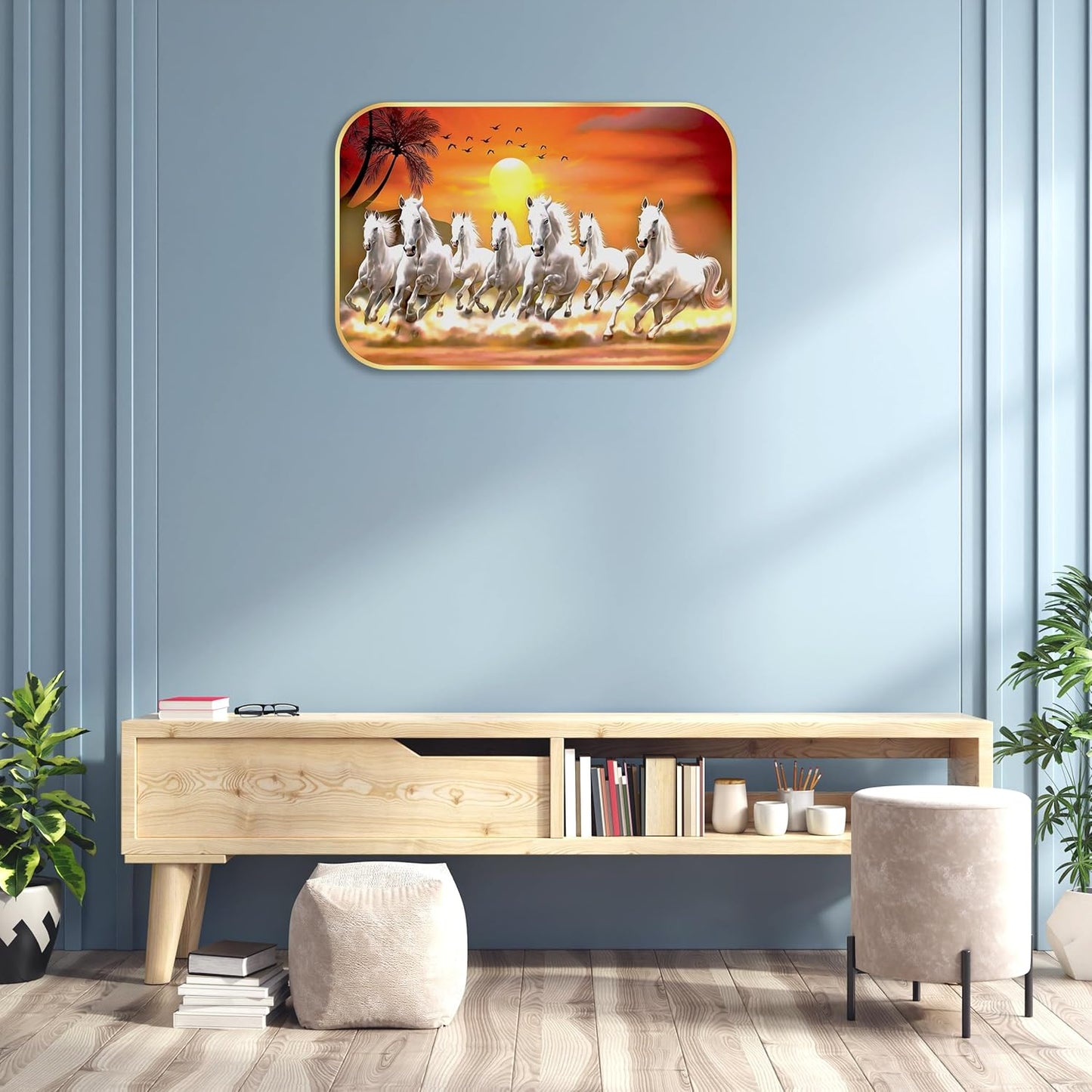 Indianara Vastu Running Seven Horse Painting With Frame 18 Inches X 12 Inches (Style1)