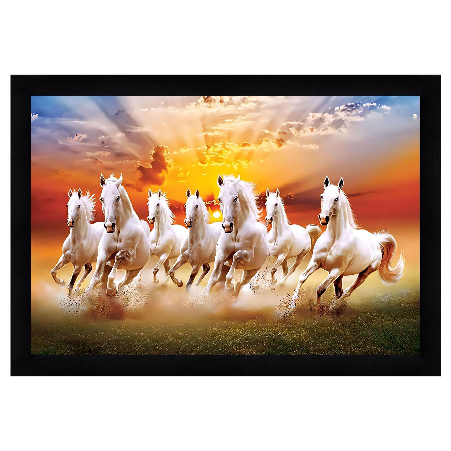 Indianara Vastu Runing Seven Horses Painting With Frame 13 Inches X 10 Inches (Style 1)
