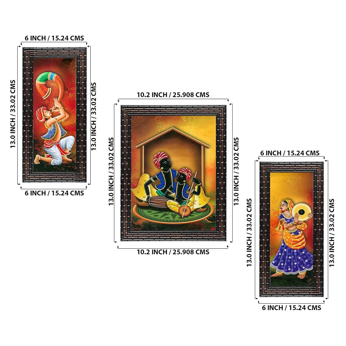 Indianara 3 PC Set of Rajasthani Folk Music & Dance Paintings (1084) Without Glass 6 X 13, 10.2 X 13, 6 X 13 inch-Multicolour