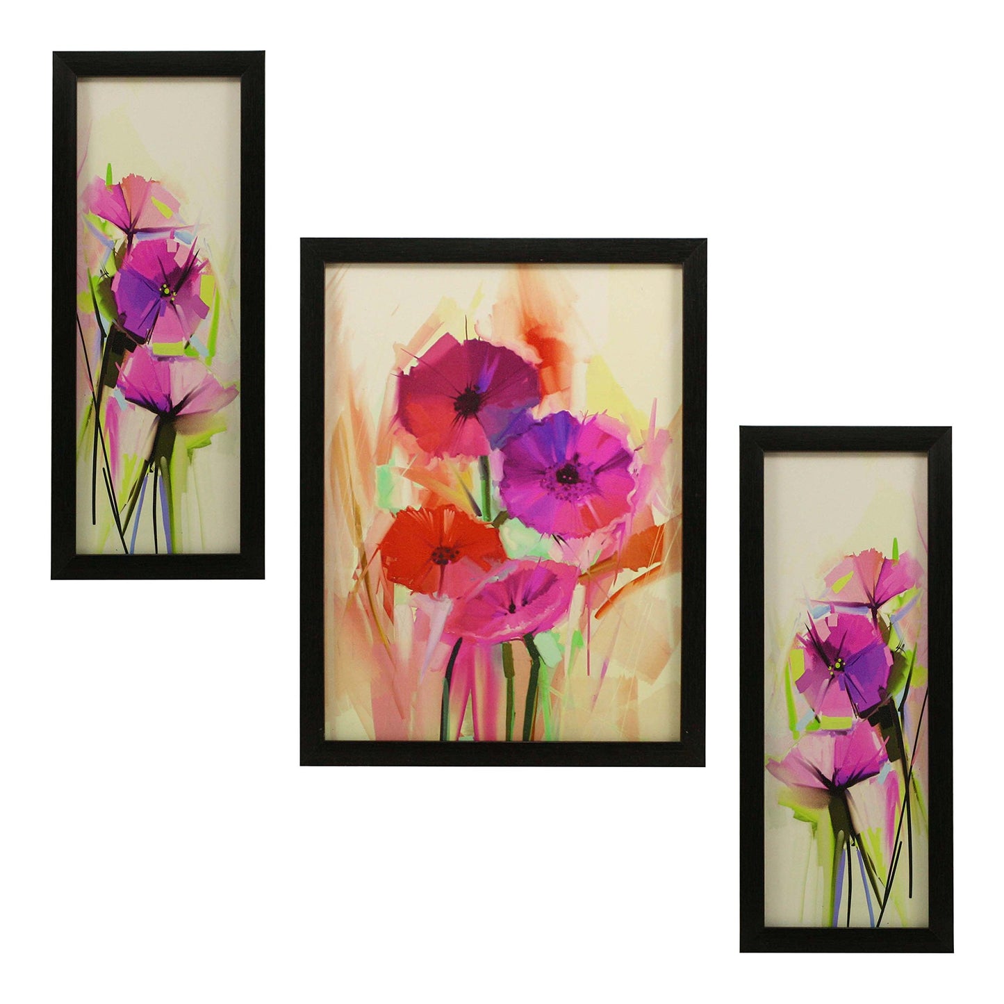 Indianara 3 Pc Set of Floral Paintings (1056) Without Glass 5.2 X 12.5, 9.5 X 12.5, 5.2 X 12.5 Inch-Multicolour