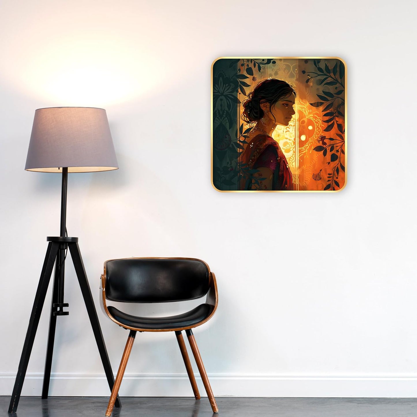 Indianara Beautiful Indian Woman Art Print with Golden Frame, Traditional Portrait, 40 cm x 40 cm, Premium Sparkle Lamination