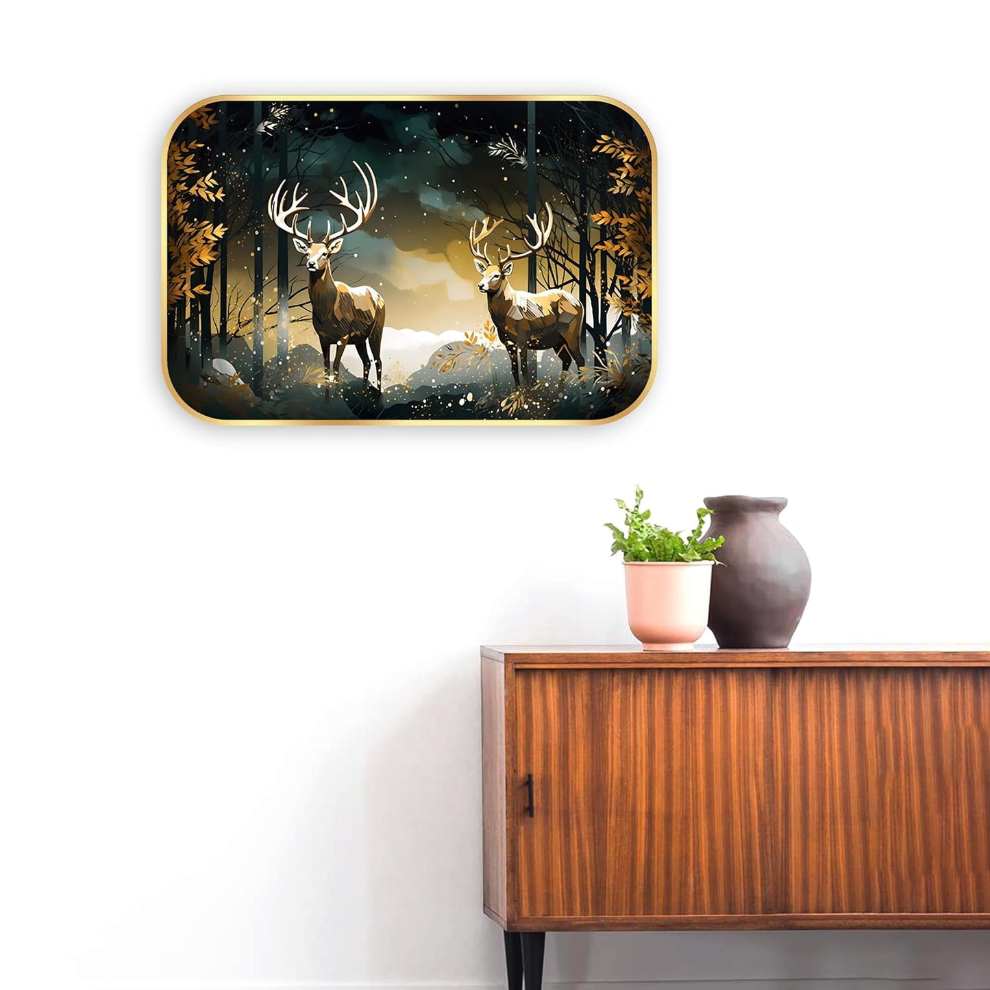 Indianara Whitetail Deer Forest Scene Wall Art, Golden Frame, Digital Print with Matte Finish, 45 x 30 cm