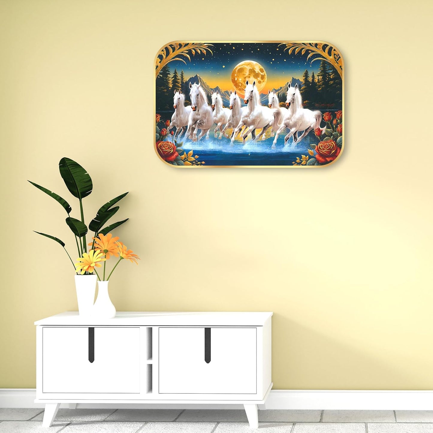 Indianara Seven Running White Horses Wall Art, Gold Frame, Night Scene with Moon, 45 x 30 cm (10914)