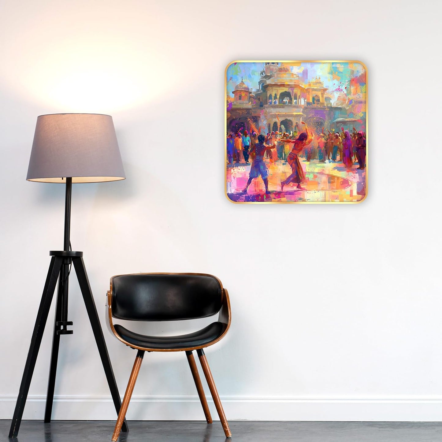 Indianara Beautiful Ancient Indian Holi Celebration Art Print with Golden Frame, Traditional Portrait, 40 cm x 40 cm, Premium Sparkle Lamination