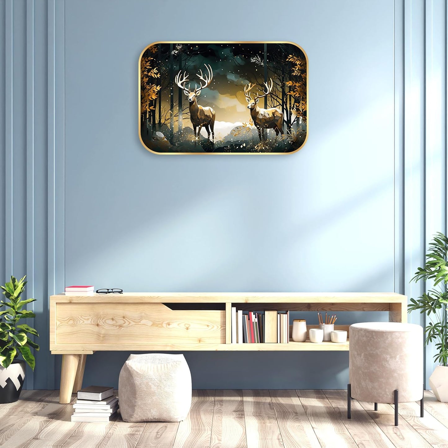 Indianara Whitetail Deer Forest Scene Wall Art, Golden Frame, Digital Print with Matte Finish, 45 x 30 cm