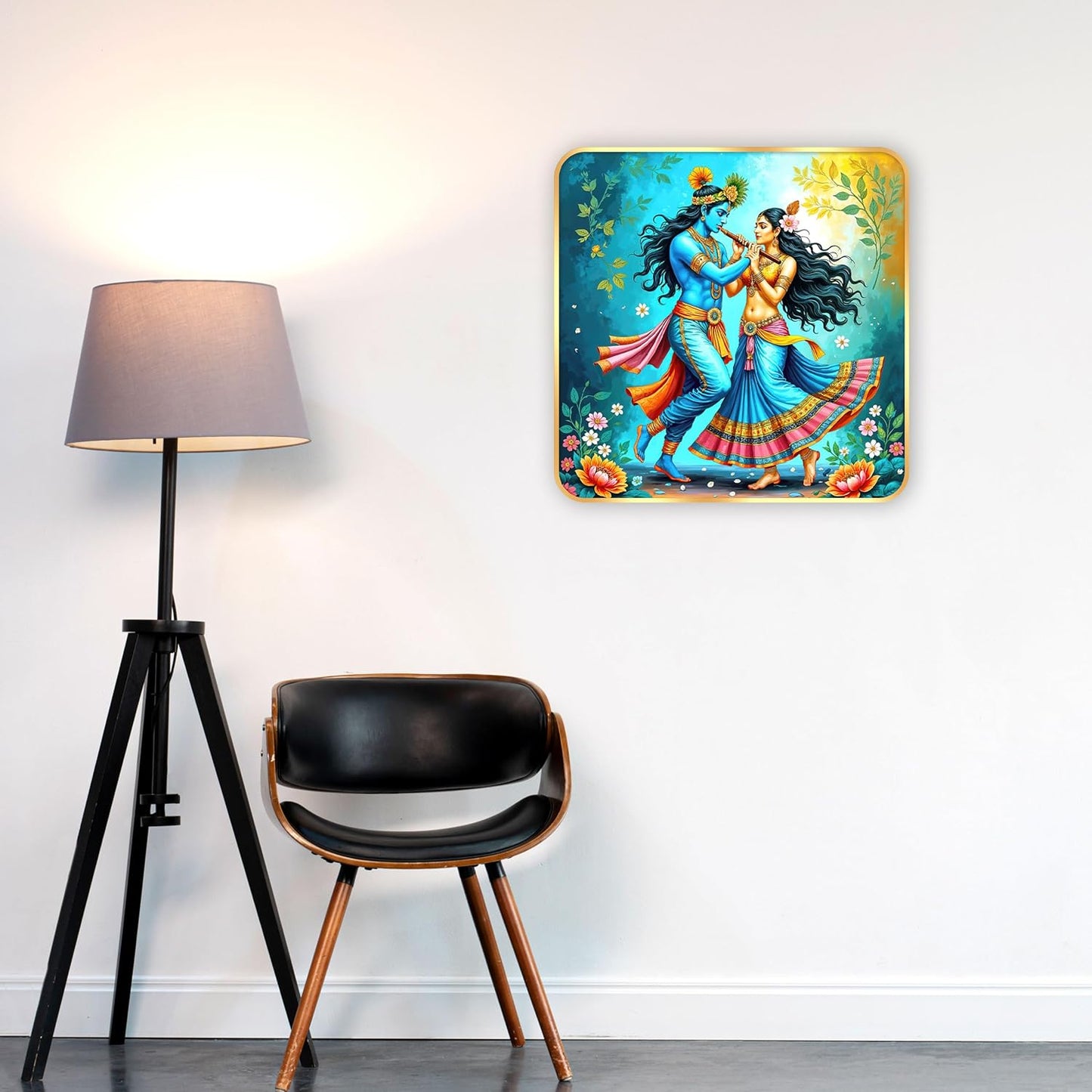 Indianara Traditional Radha Krishna Art Print, Golden Frame, Premium Sparkle Lamination, 40 cm x 40 cm (6674)