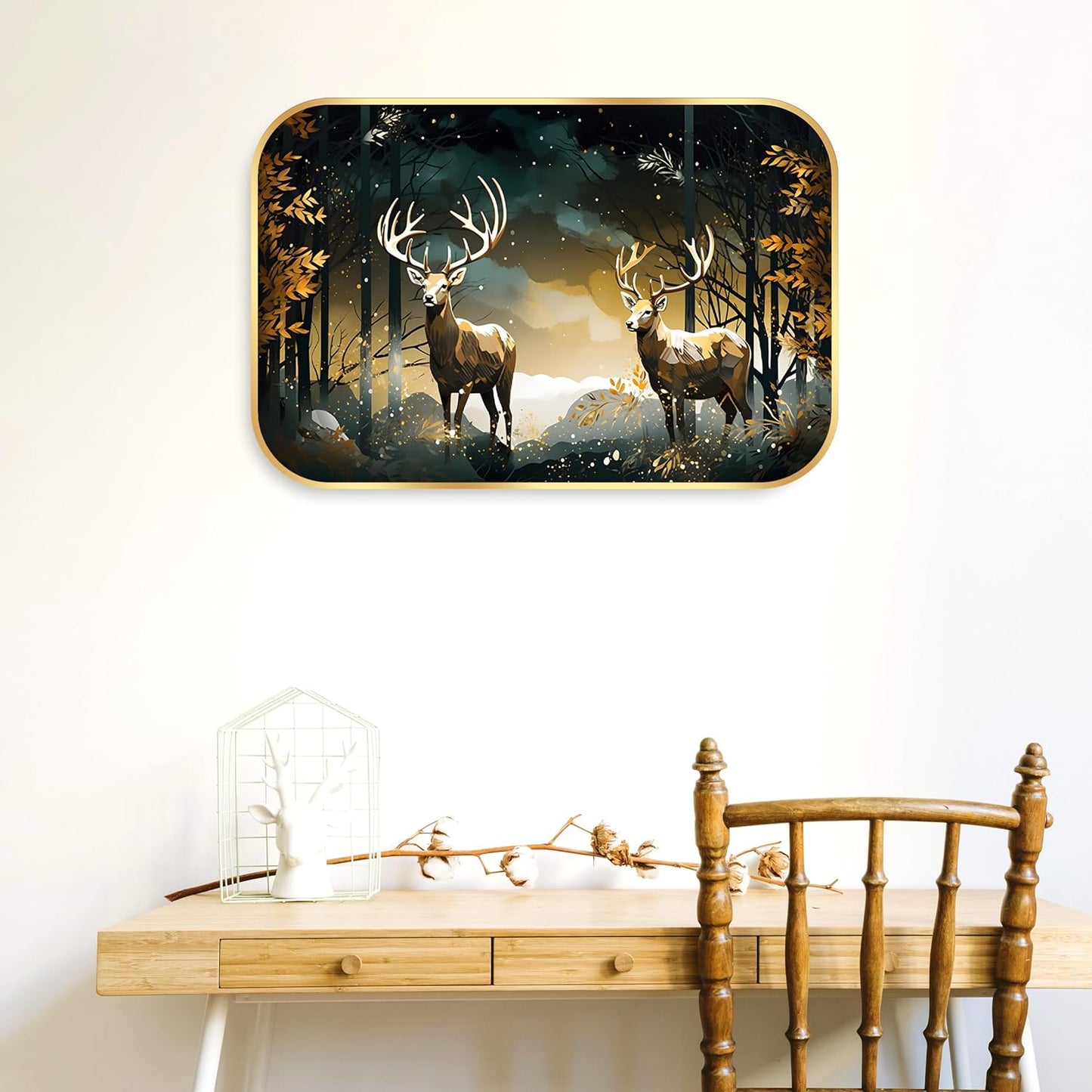 Indianara Whitetail Deer Forest Scene Wall Art, Golden Frame, Digital Print with Matte Finish, 45 x 30 cm