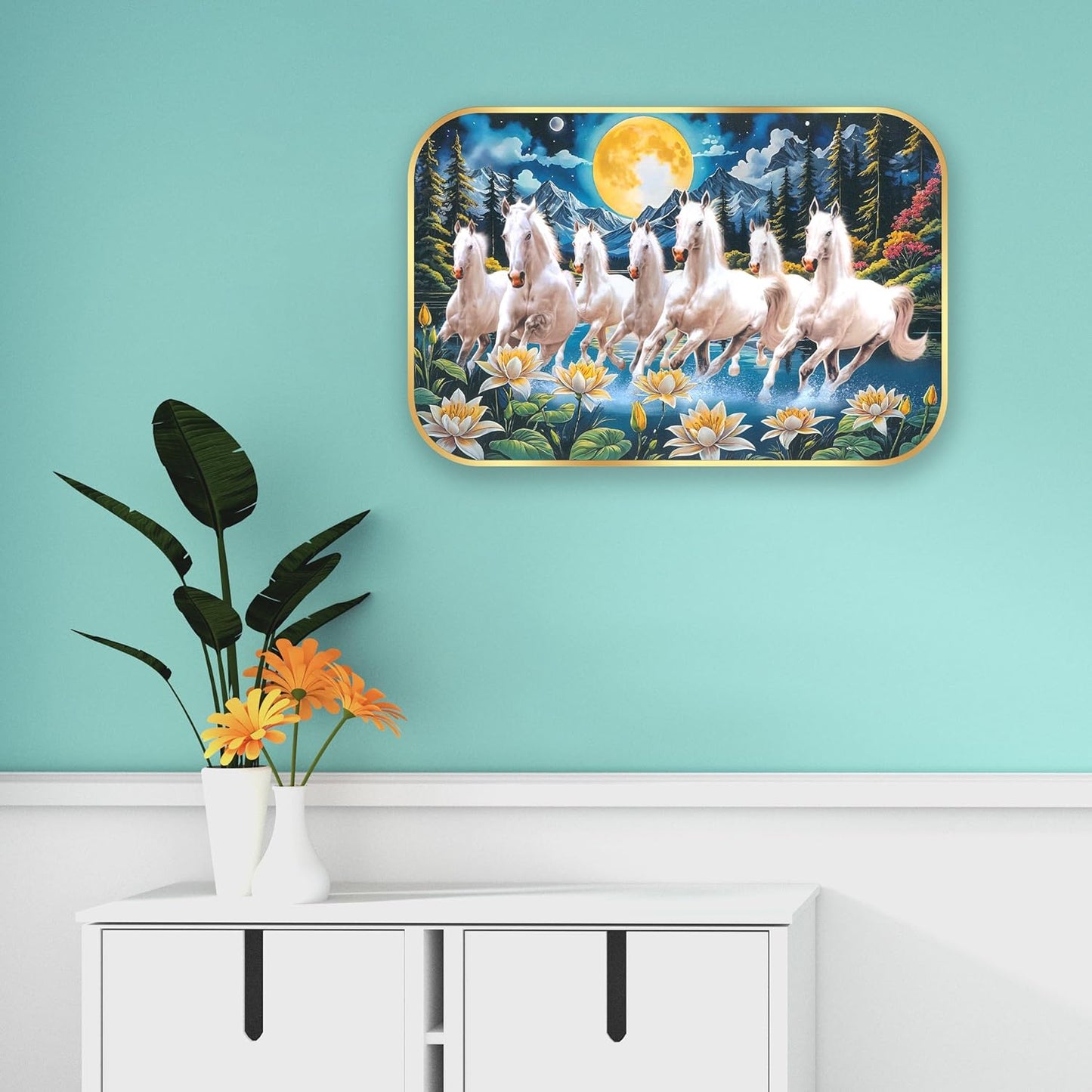 Indianara Seven Running White Horses Wall Art, Gold Frame, Night Scene with Purple Flowers, 45 x 30 cm (10915)