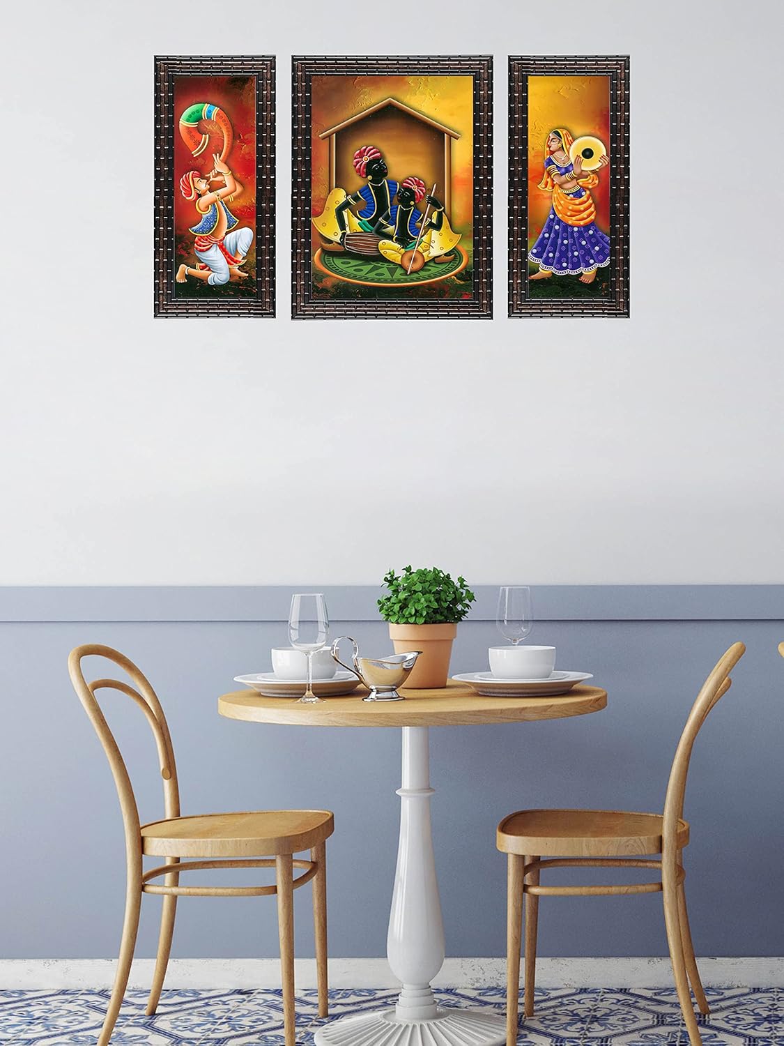 Indianara 3 PC Set of Rajasthani Folk Music & Dance Paintings (1084) Without Glass 6 X 13, 10.2 X 13, 6 X 13 inch-Multicolour