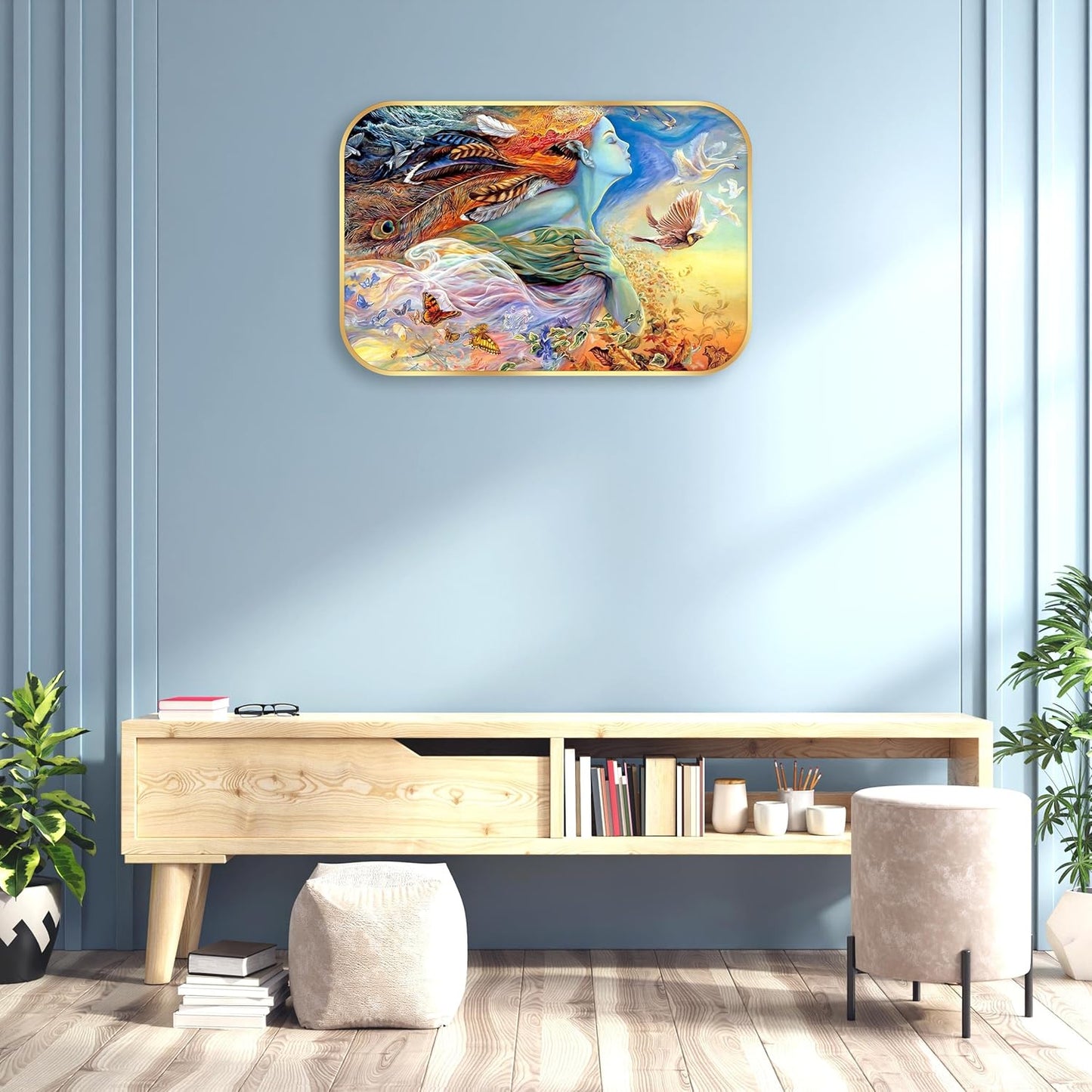 Indianara Fantasy Nature Wall Art, Digital Print with Beautiful Woman Feathers and Butterflies Design, Gold Frame, 45 x 30 cm
