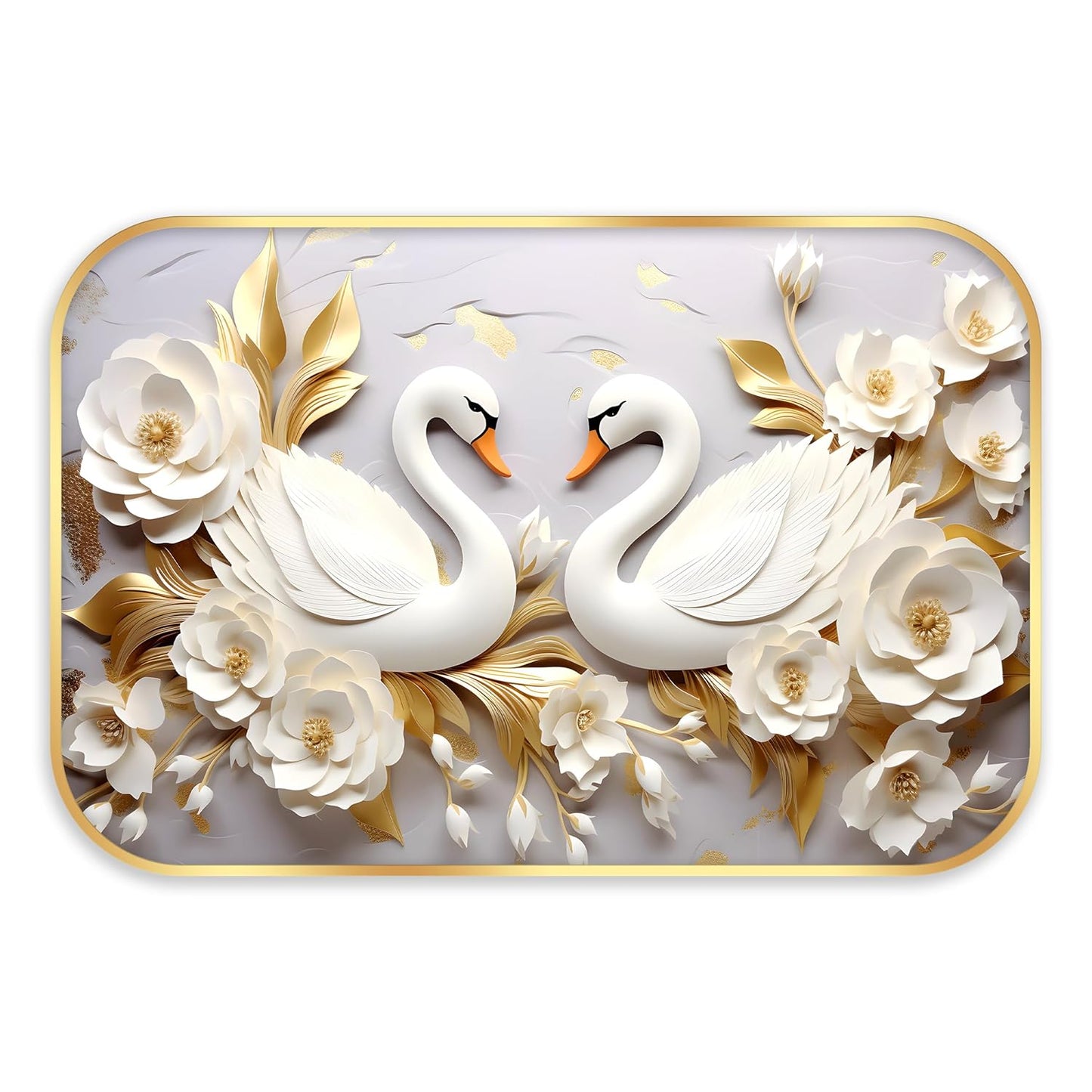 Indianara White Swan Wall Art with Gold Roses, Digital Print, Gold Frame, 45 x 30 cm, Landscape