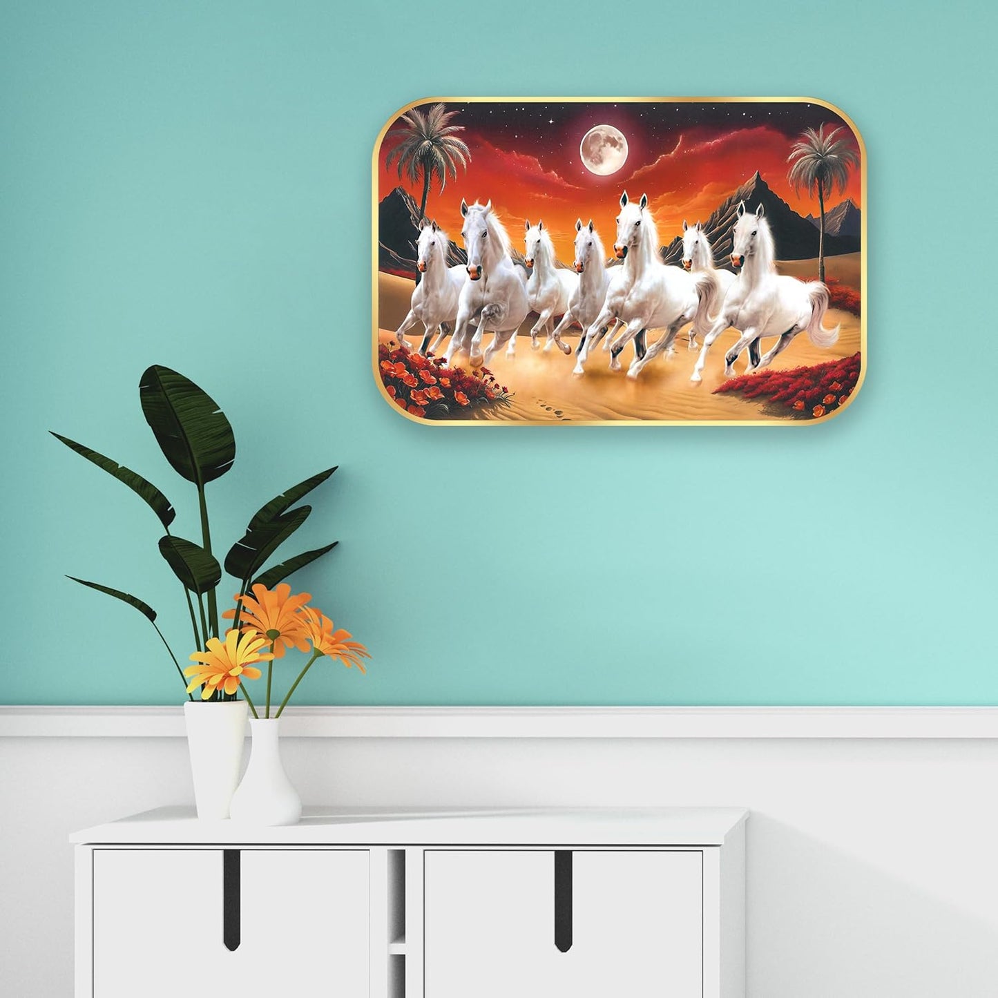 Indianara Seven Running White Horses Wall Art, Gold Frame, Night Scene with Purple Flowers, 45 x 30 cm (10912)