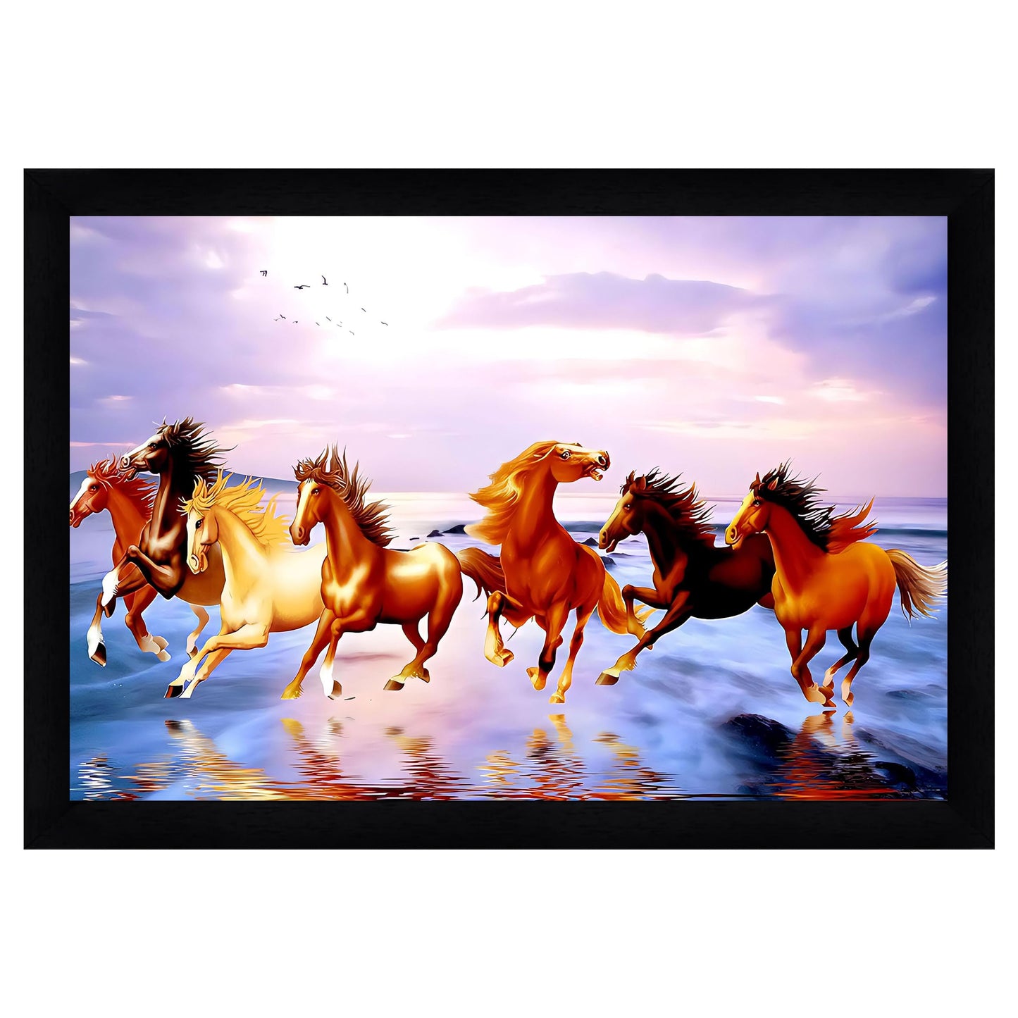 Indianara Vastu Runing Seven Horses Painting With Frame 13 Inches X 10 Inches (Style 1)