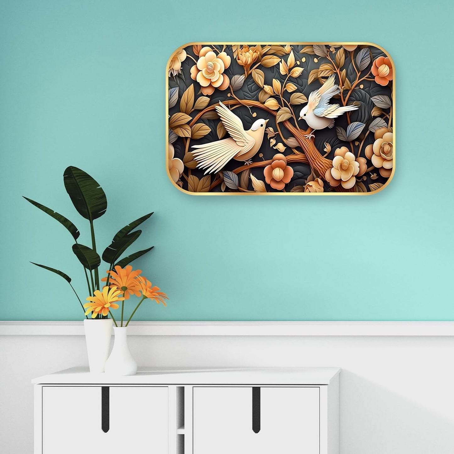 Indianara Birds and Flowers Digital Wall Art, Golden Frame with Premium Lamination, 45 x 30 cm, Black and Gold