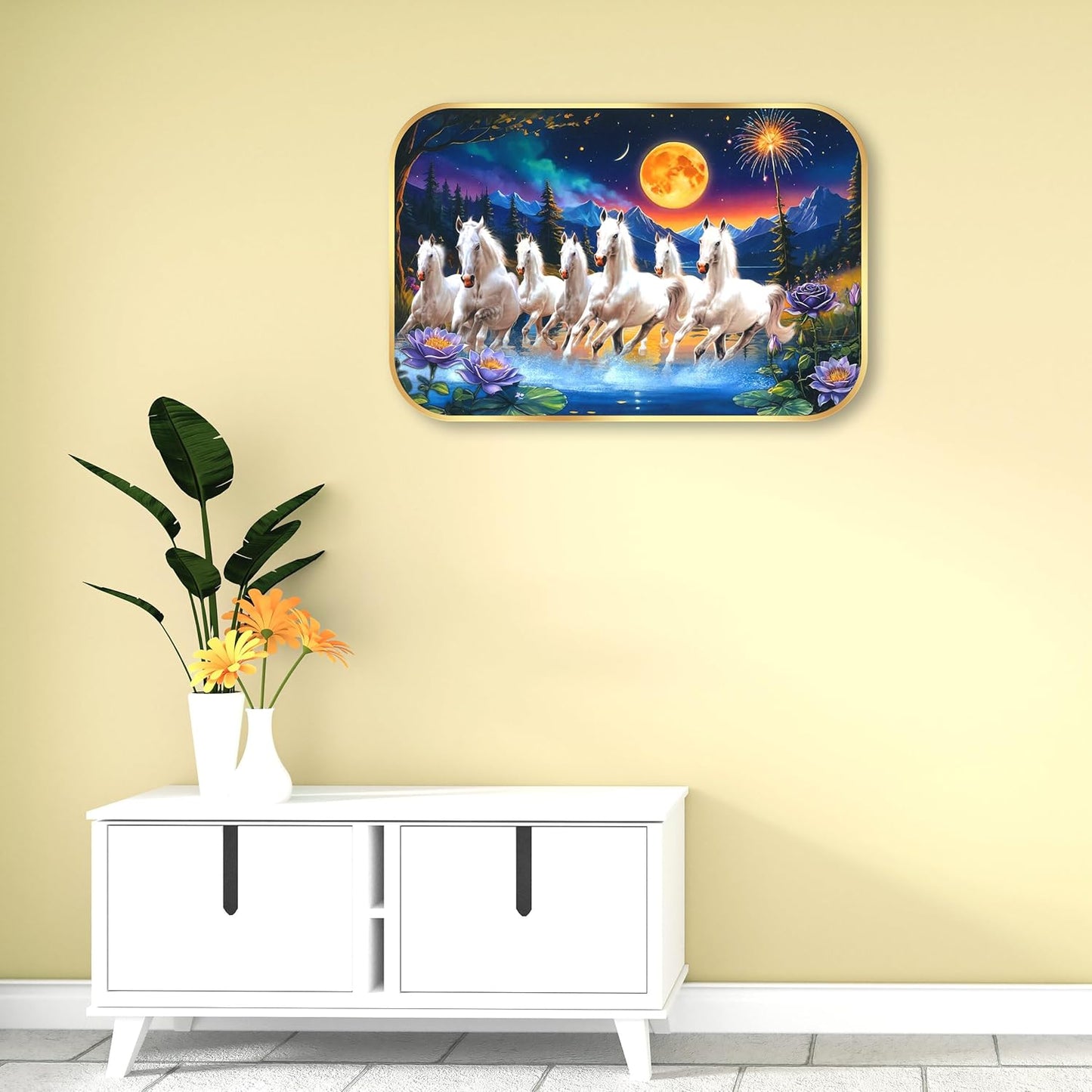 Indianara Seven Running White Horses Wall Art, Gold Frame, picturesque Scene, 45 x 30 cm (10905)