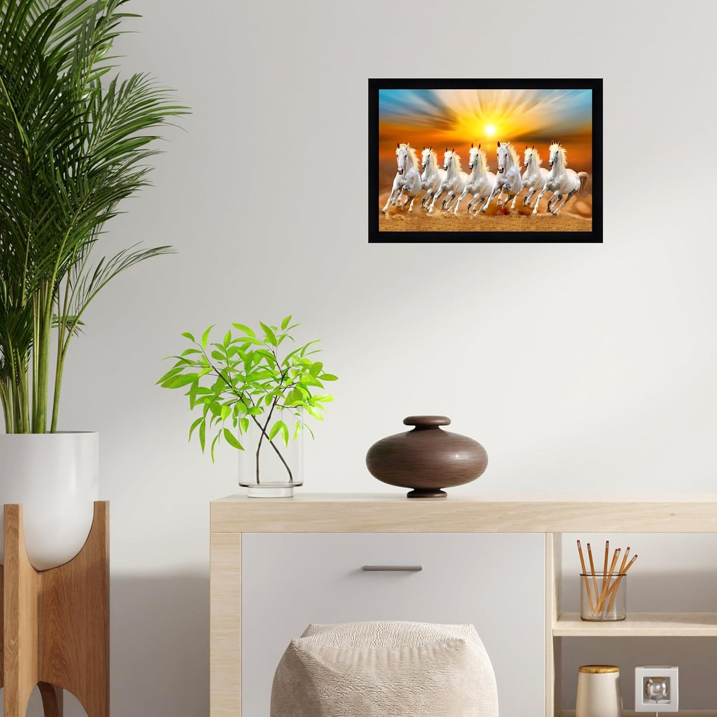 Indianara Vastu Runing Seven Horses Painting With Frame 13 Inches X 10 Inches (Style 1)