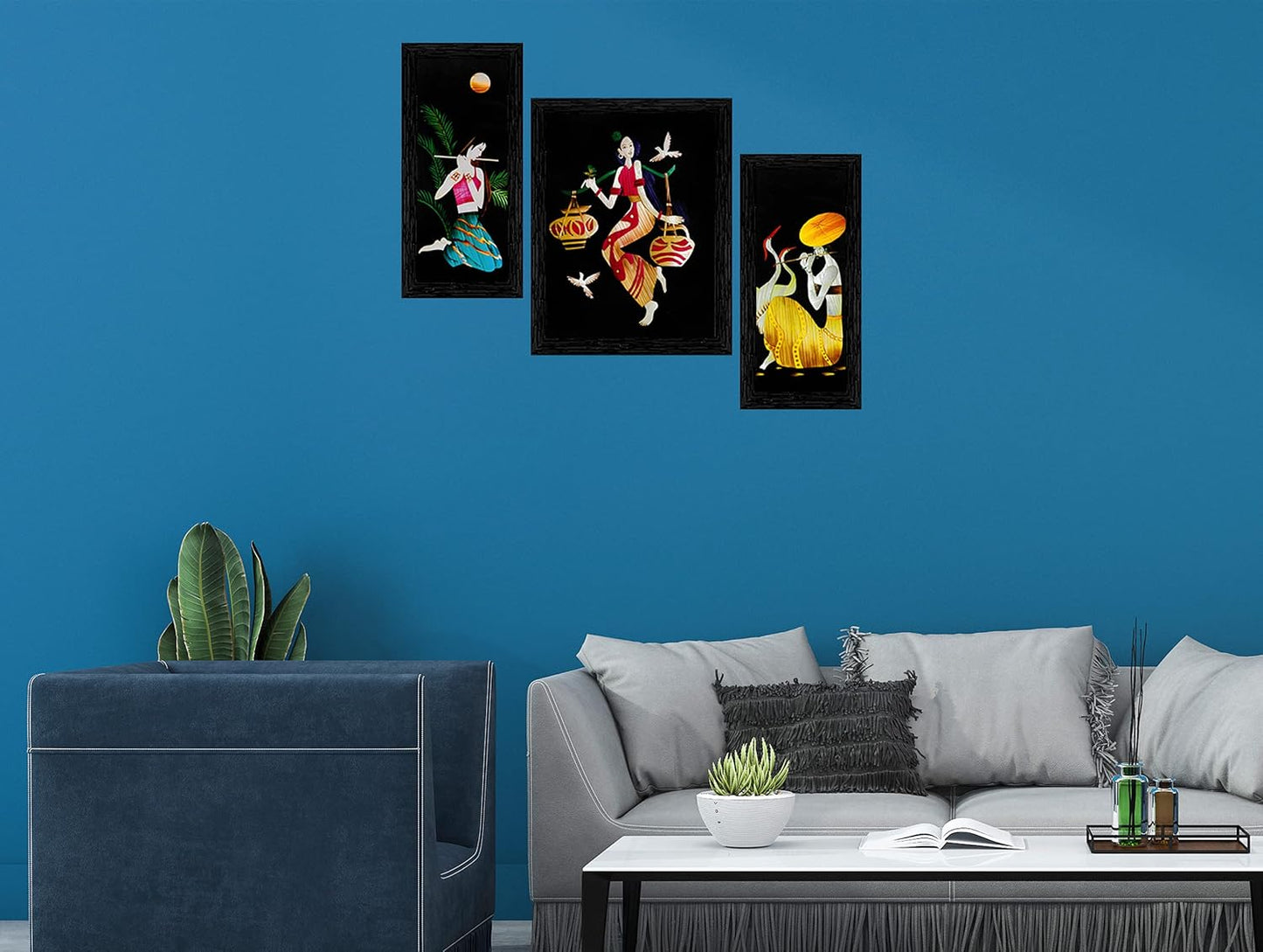 Indianara 3 Pc Set Of Still Art Paintings Without Glass (6 X 13, 10.2 X 13, 6 X 13 INCH, Black)