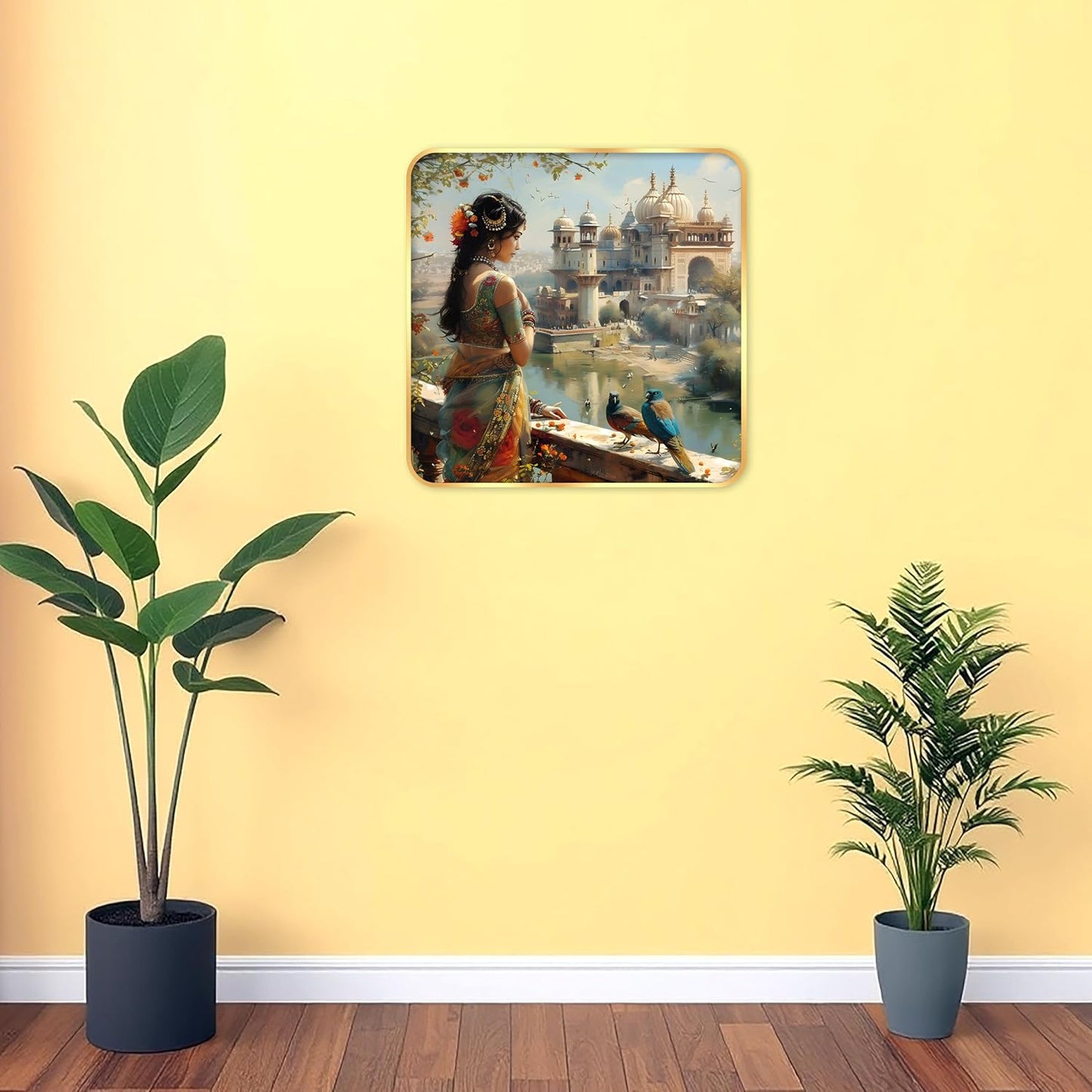 Indianara Beautiful Indian Woman Art Print with Golden Frame, Traditional Portrait, 40 cm x 40 cm, Premium Sparkle Lamination (6607)