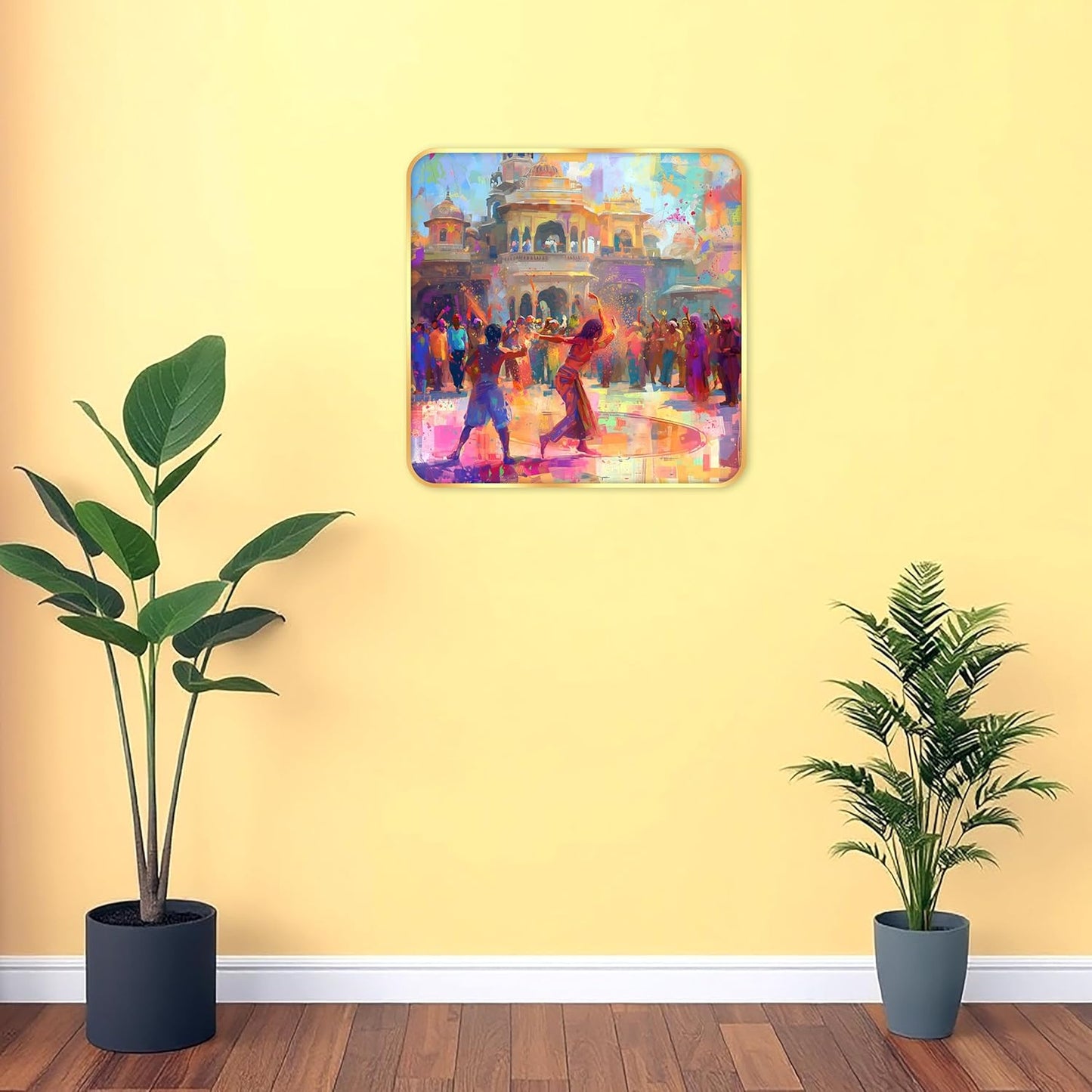 Indianara Beautiful Ancient Indian Holi Celebration Art Print with Golden Frame, Traditional Portrait, 40 cm x 40 cm, Premium Sparkle Lamination