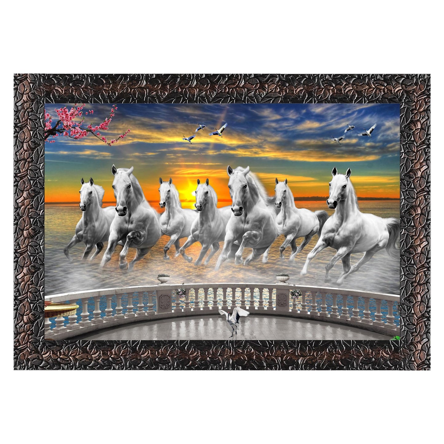 Indianara Vastu Runing Seven Horses Painting With Frame 13 Inches X 10 Inches (Style 1)