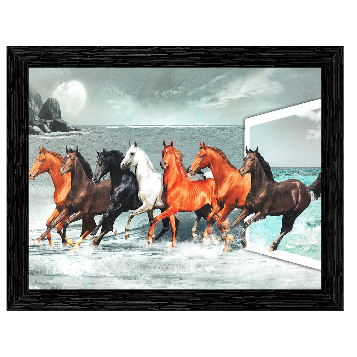 Indianara Vastu Seven Running Horses Painting -Synthetic Wood, 27x30.5x1cm, Multicolour (Style 5)
