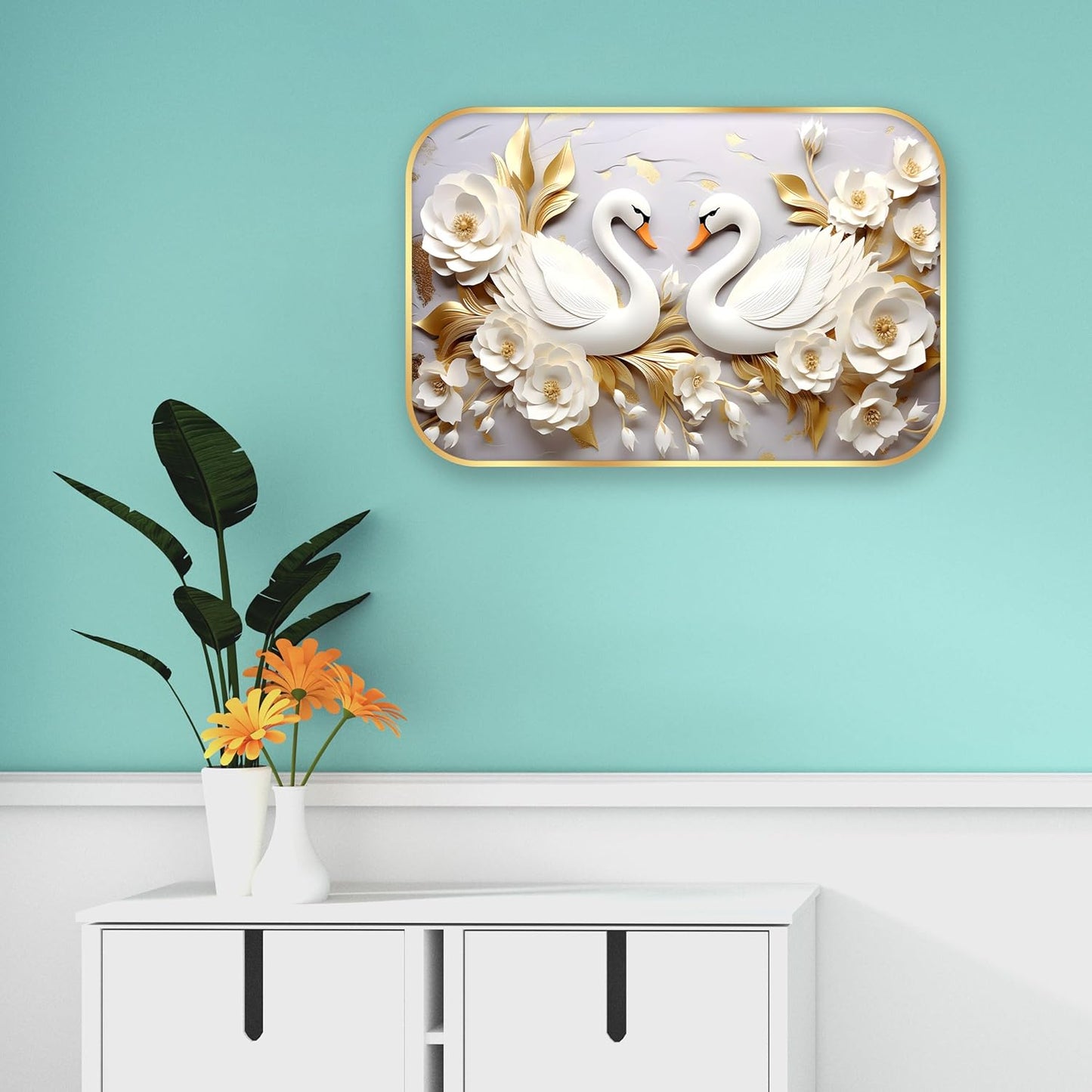 Indianara White Swan Wall Art with Gold Roses, Digital Print, Gold Frame, 45 x 30 cm, Landscape