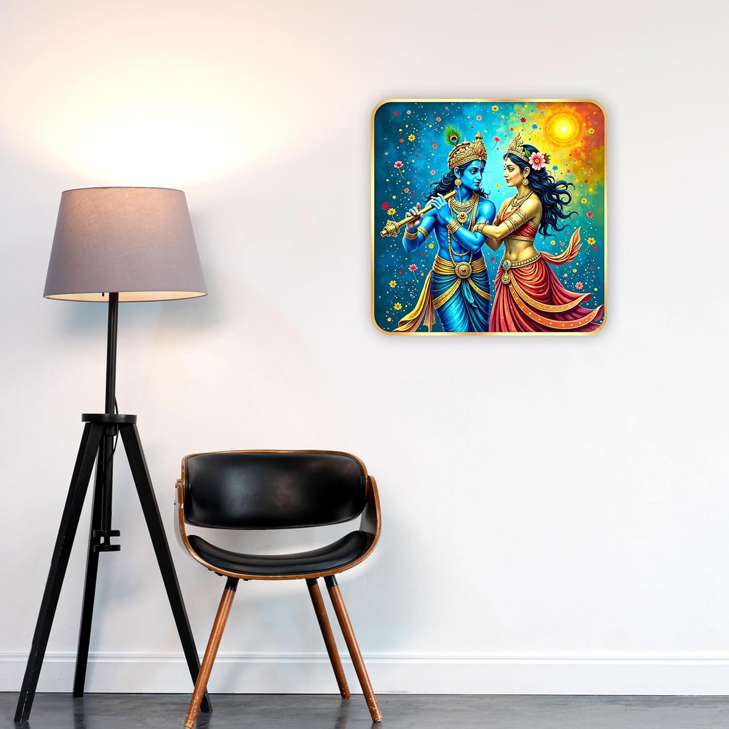 Indianara Traditional Radha Krishna Art Print, Golden Frame with Premium Sparkle Lamination, 40 cm x 40 cm (6673)
