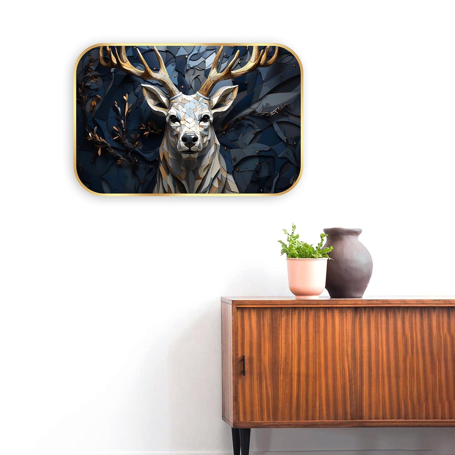 Indianara 3D Geometric Deer Wall Art, Gold Frame, 45 x 30 cm, Digital Print, Modern Design