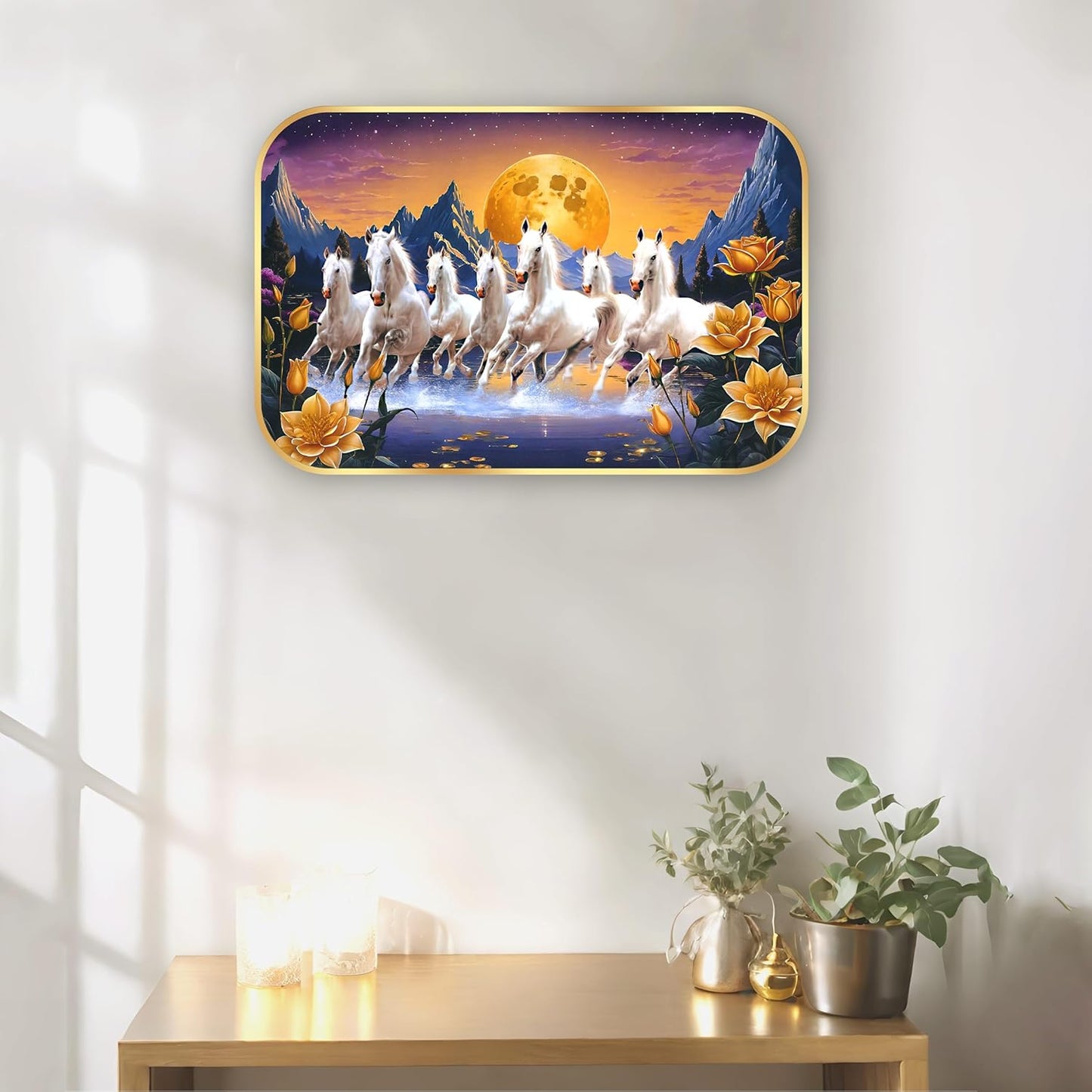 Indianara Seven Running White Horses Wall Art, Gold Frame, picturesque Scene, 45 x 30 cm (10906)