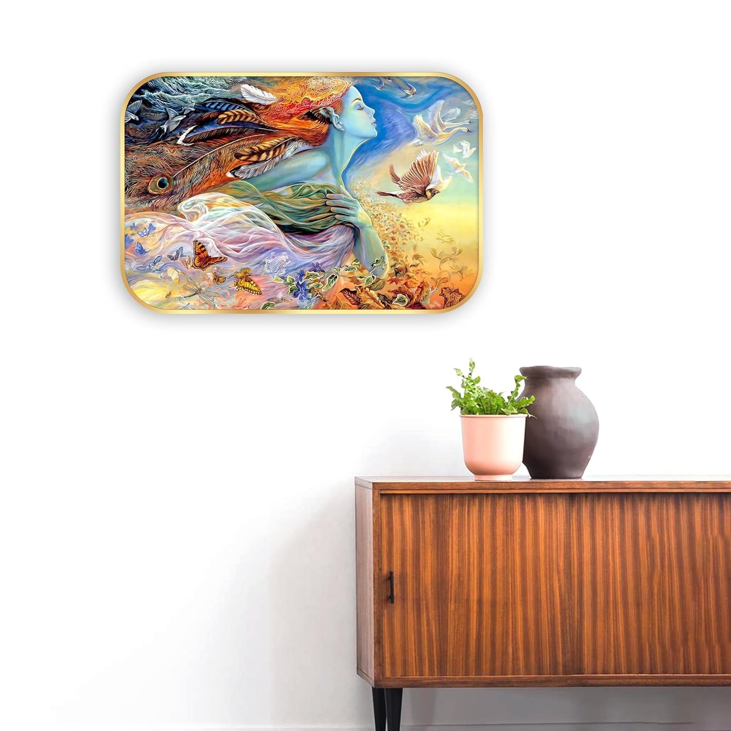 Indianara Fantasy Nature Wall Art, Digital Print with Beautiful Woman Feathers and Butterflies Design, Gold Frame, 45 x 30 cm