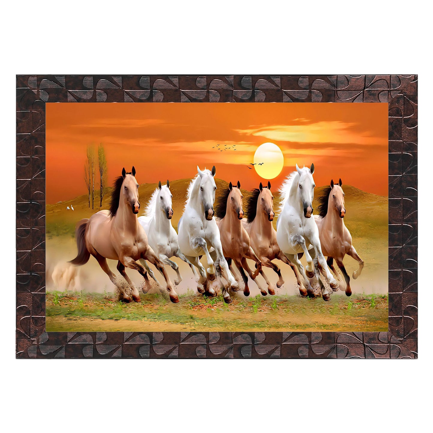 Indianara Vastu Runing Seven Horses Painting With Frame 13 Inches X 10 Inches (Style 1)