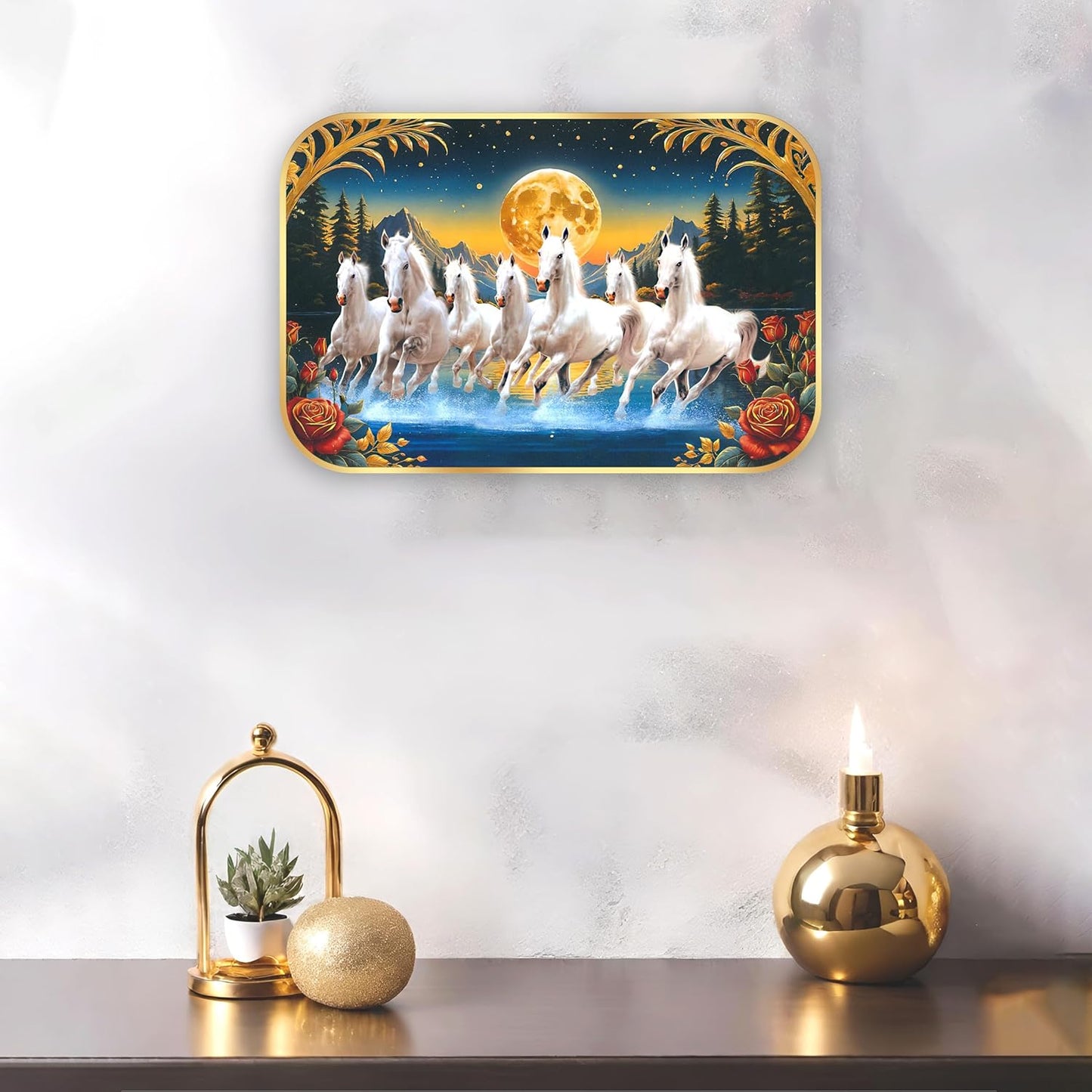 Indianara Seven Running White Horses Wall Art, Gold Frame, Night Scene with Moon, 45 x 30 cm (10914)